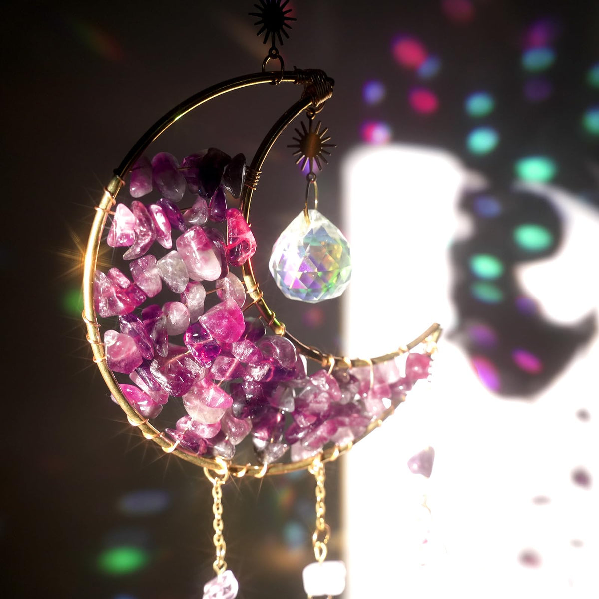 Amethyst Crystals Suncatcher - Hanging Moon Sun Catcher with Glass Prisms for Windows, Healing Amethyst Crystal Decor for Home, Gift for Christmas Birthday Valentine Mothers Day