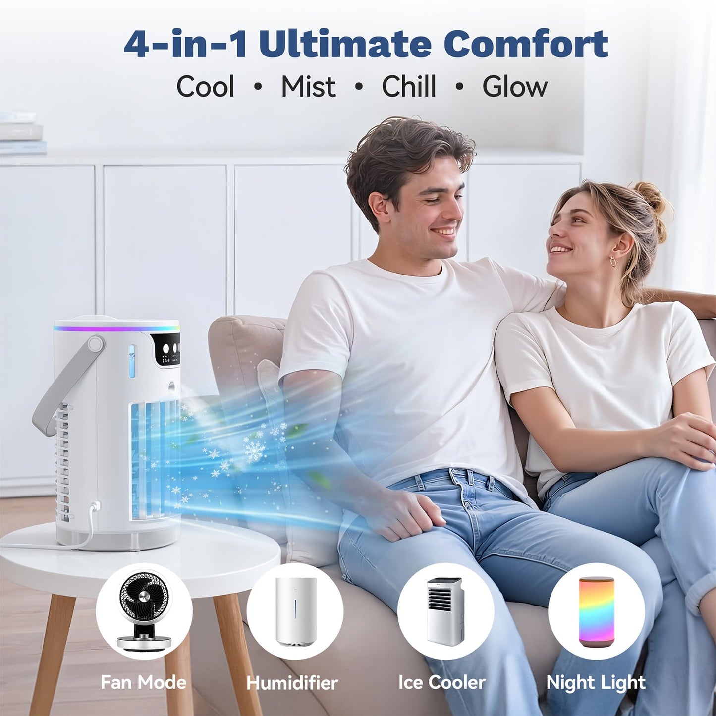 Portable Air Conditioners Desktop AC Unit with Water Ice Cooling Mist, Personal Evaporative Air Cooler Fan Mini Swamp Cooler for Bedroom, Nightstand, Office, Dorm, RV (White)