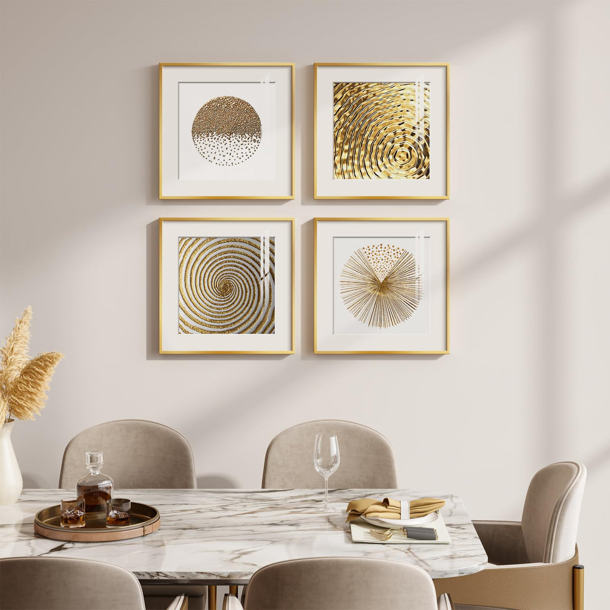 4 Pcs Framed Modern Gold and White Wall Art, Luxury Minimalist Canvas Pictures Prints, Geometric Painting Artwork Home Decoration for Hallway, Bathroom, Dining Room and Living Room