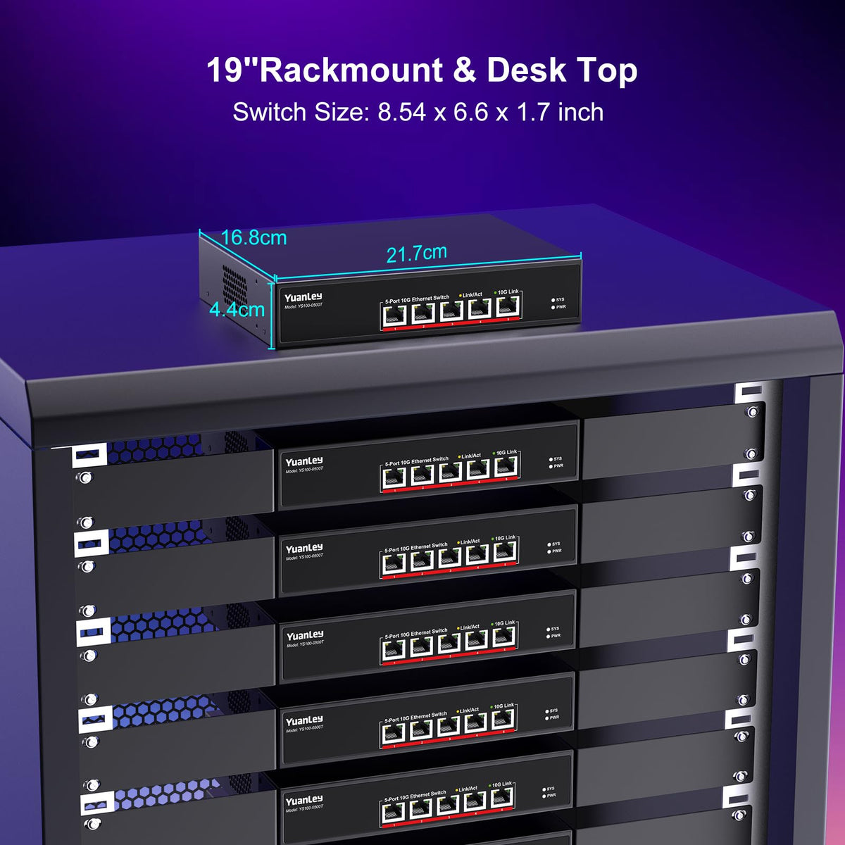 YuanLey 5 Port 10G Ethernet Switch, 5 x 10Gbps RJ45 Ports, Support 10G/5G/2.5G/1G/100Mbps Speed Auto-Negotiation, 100Gbps Switching Capacity, Unmanaged Switch Rackmountable, Plug and Play
