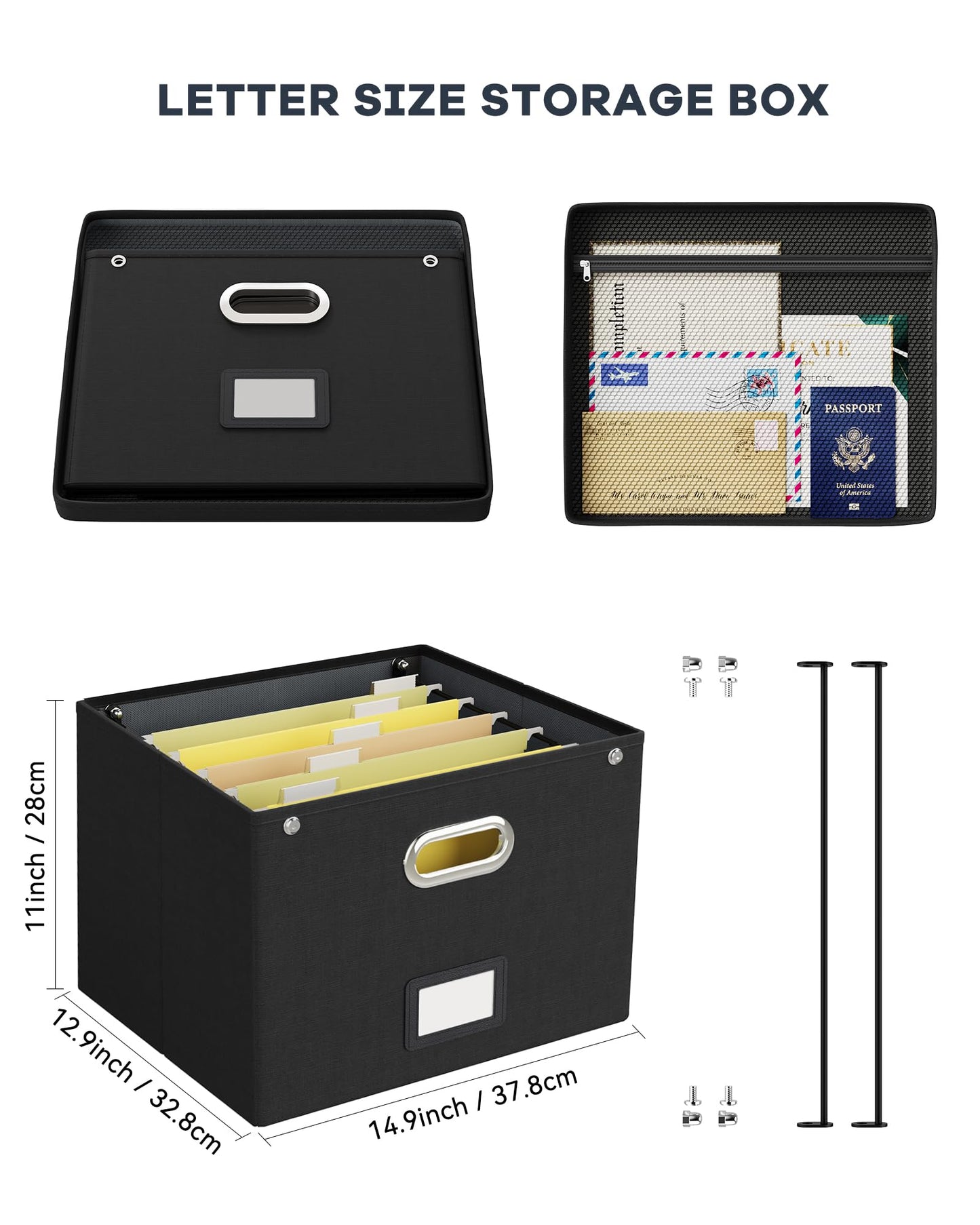 2 Pack File Organizer Box with Lid, Large Hanging Filing Box with Mesh Pocket, Document Organizer for Letter Files, Portable Storage Case for Office&Home (Black)