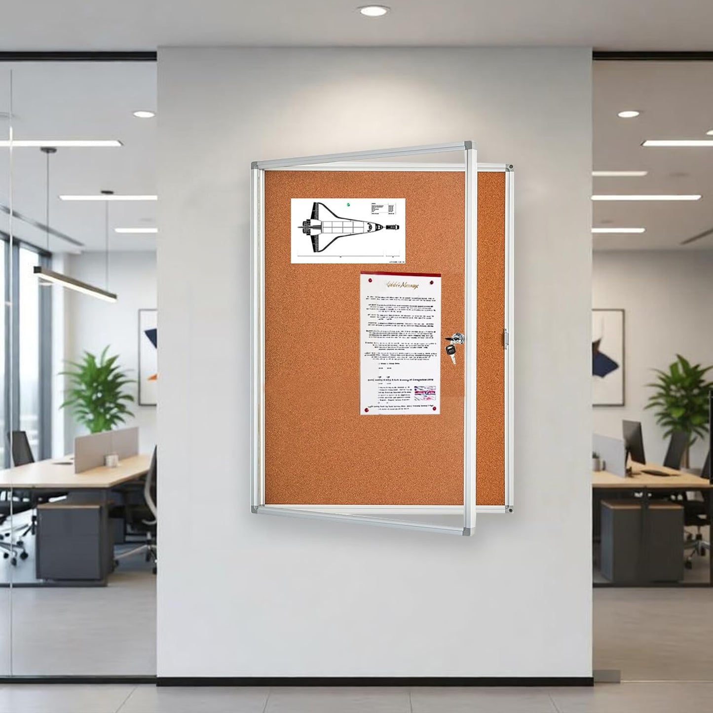 BIBOC Enclosed Bulletin Board,Lockable Cork Noticeboard with Aluminum Frame, Secure Display Case for School Office,Wall Display Case with Lock (Cork, 24×36 inches)
