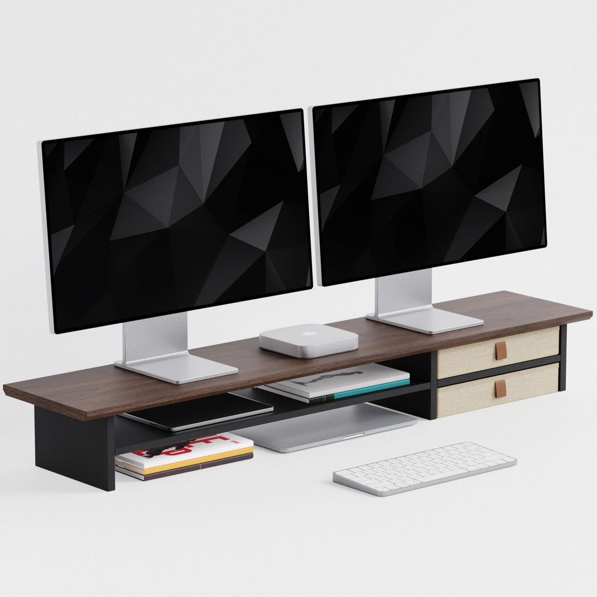 FENSULN Dual‑Tier Monitor Stand Riser with Drawers, Desktop Organizer Shelf Storage for Computer Screen 2 Monitors, Supports for PC Computer Monitor, Printer, Heavy TV Riser Brown and Black