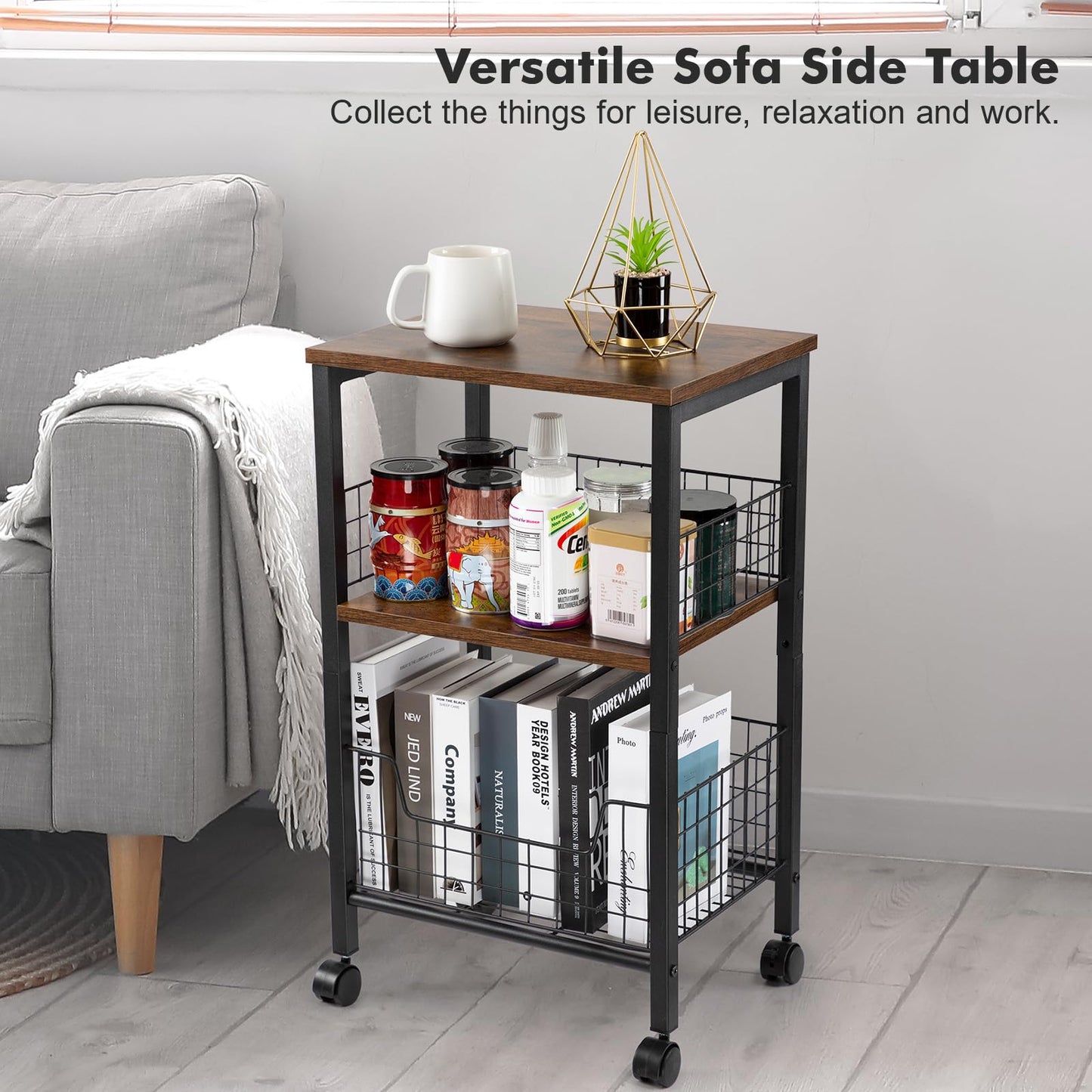 Hadulcet Small End Table, 3-Tier Side Table with Storage Basket, Industrial Style Side End Table for Living Room Bedroom Kitchen Bathroom, Rustic Brown