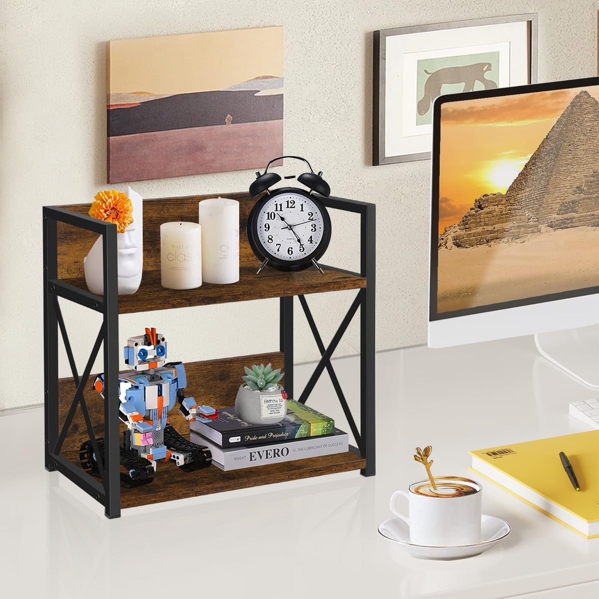 YINMIT Countertop Shelf Organizer,Coffee Bar Accessories,Spice Rack,Coffee Counter Shelf,2 Tier Coffee Organizer Station for Mugs,Cups,Cream,Syrup(Rustic Brown, Medium)