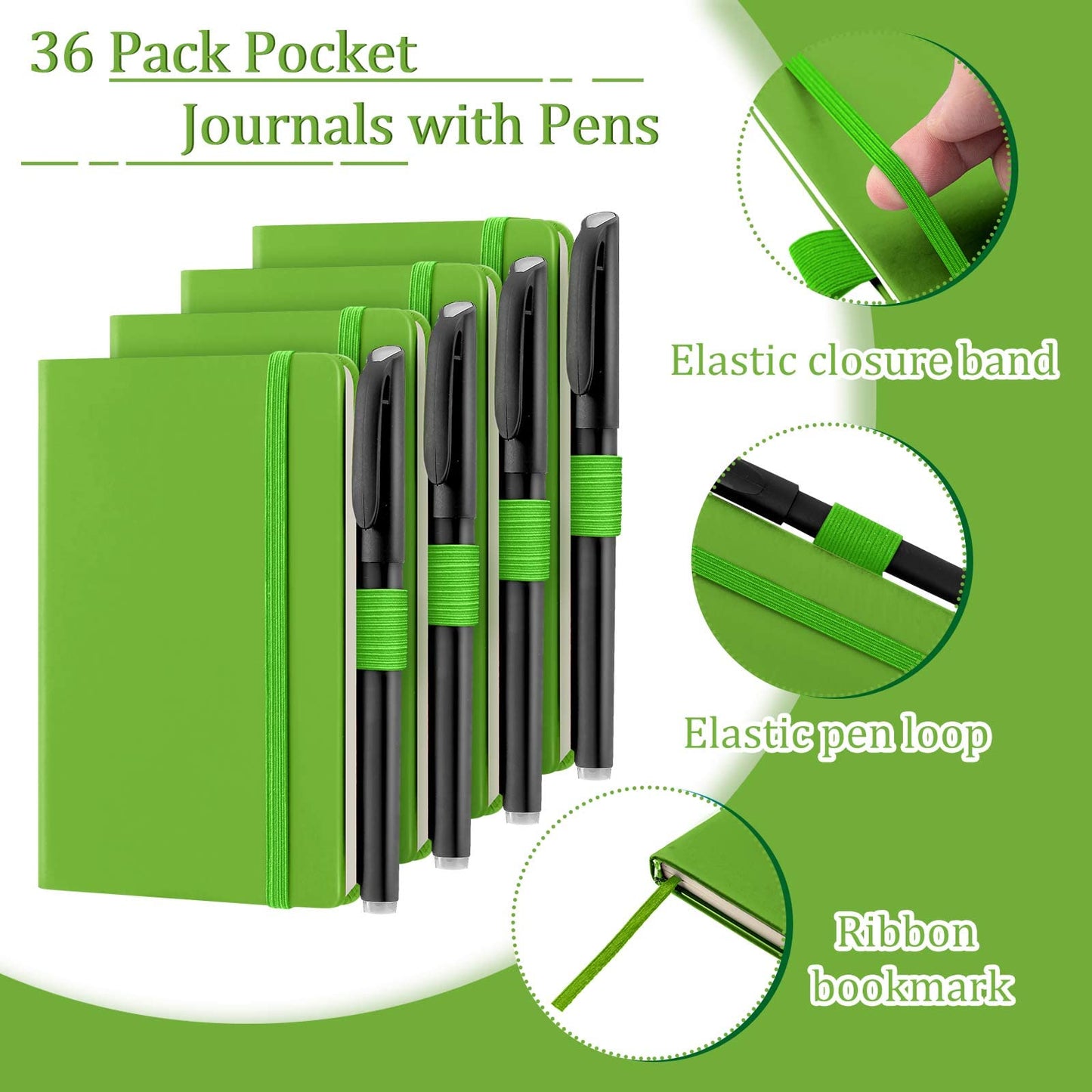 Laumoi 36 Sets Pocket Notebook Journals with Pens A6 Cute Small Journal Notebook Ruled Lined Mini Notepad Hardcover Executive Notebooks Set with Pen Holder for School Office, 3.7 x 5.7 Inch (Green)