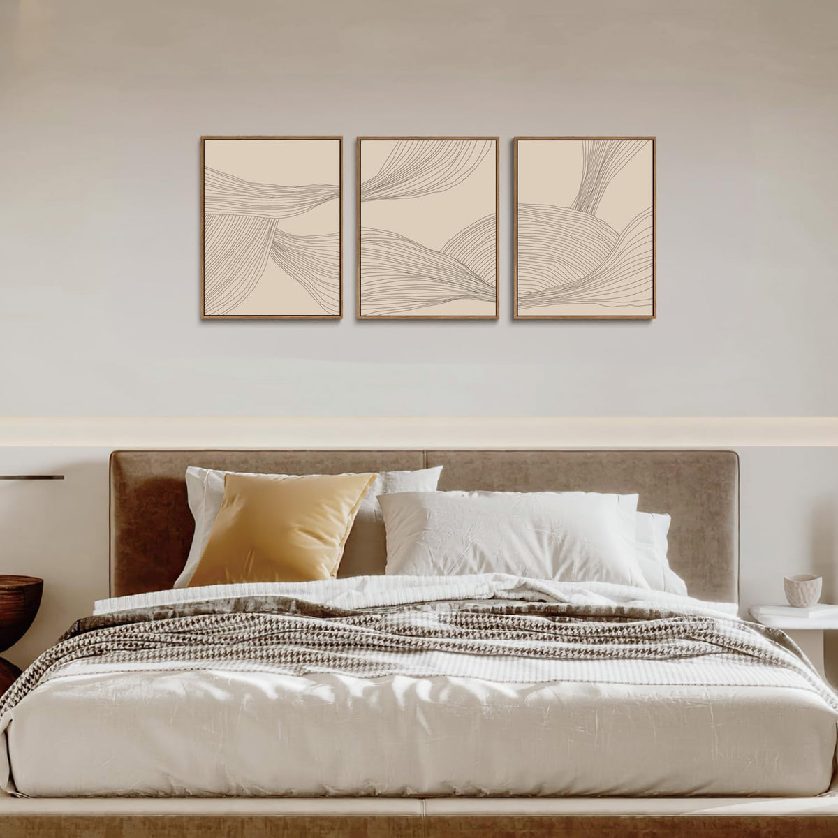 myusuar 3 Piece Large Modern Abstract Canvas Framed Wall Art For Living Room, Beige Minimalist Wall Art Decor Posters Prints For Bedroom Office, 12x16in