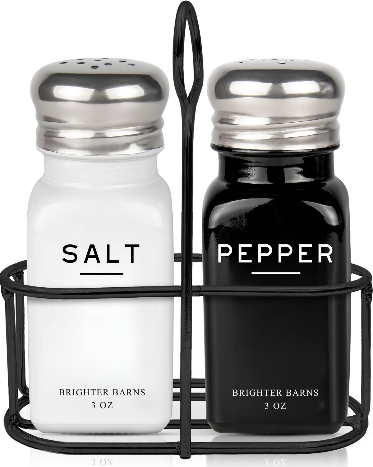 Farmhouse Salt and Pepper Shakers Set with Holder by Brighter Barns - Modern Kitchen Decor and Accessories, Dining Table Decor - Cute Glass Salt Shaker with Caddy for Restaurants, Gifts (Black/White)