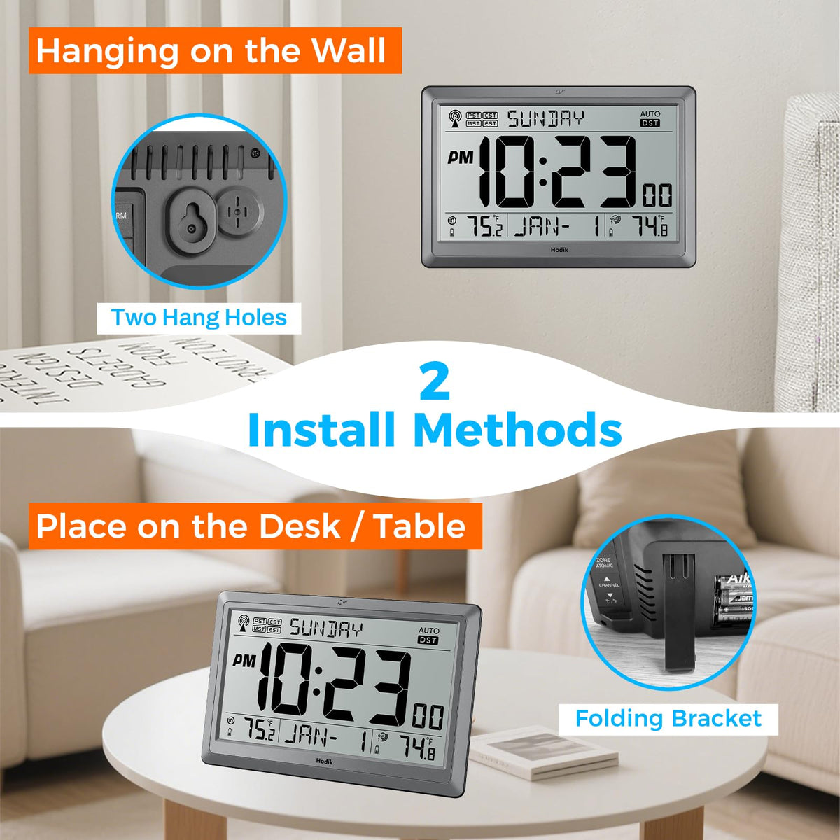 HODIK Wall Clock Atomic with Indoor Outdoor Temperature Battery Powered, Easy Reading with 10.5 Inch LCD Display, 330FT Range Table Wall Clock with DST, 12/24 Hour for Living Room Kitchen (Silver)