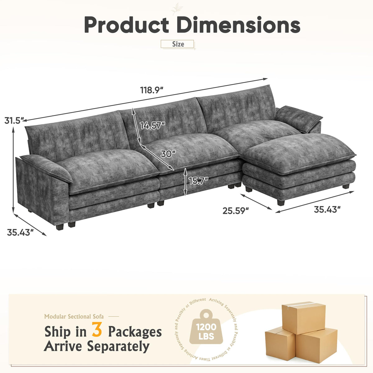 Furniwell 119" Modular Couch 3-Seat Sofa with Reversible Ottoman, Cloud Couch L Shaped Sofa with Deep Seat, Chenille Sectional Couches for Living Room