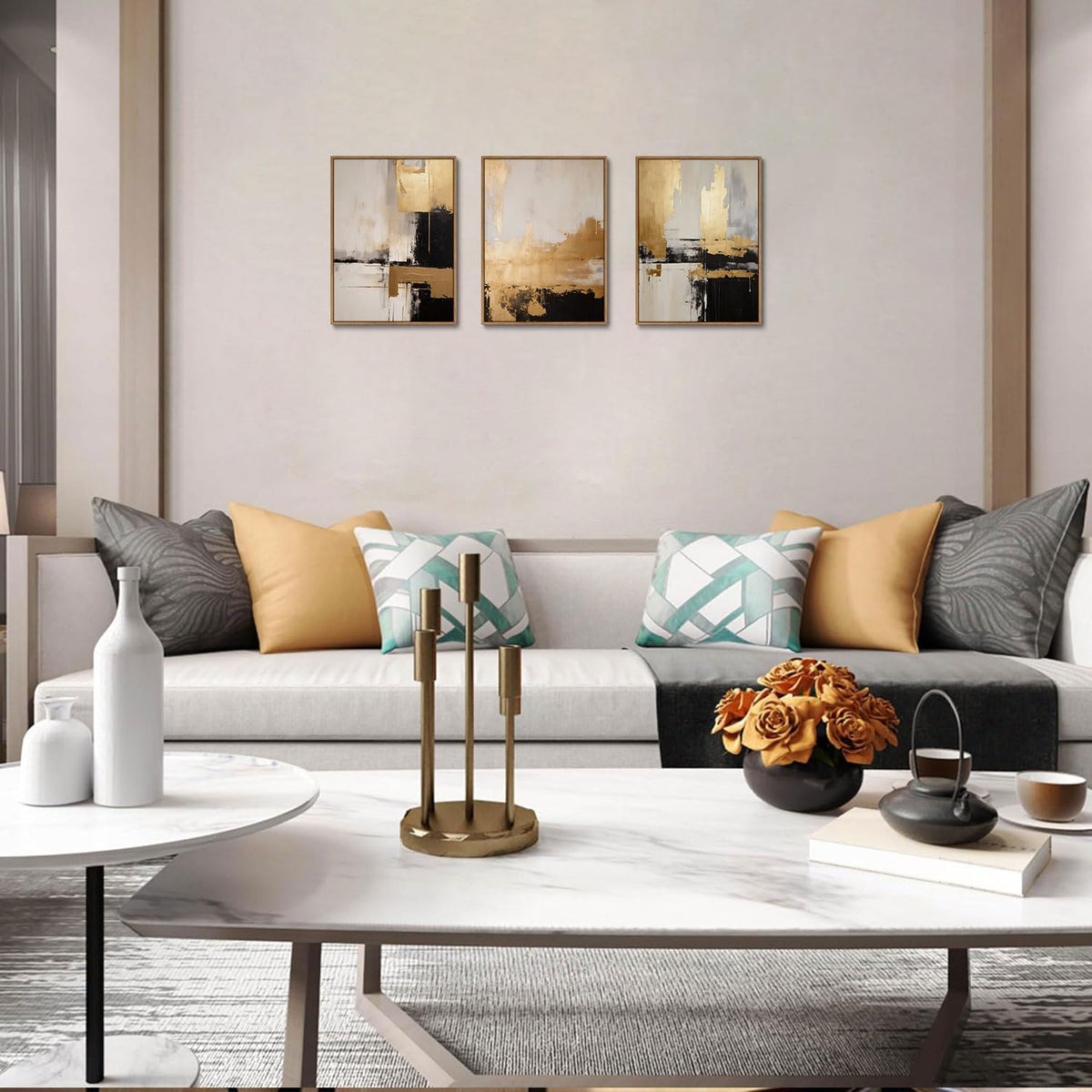 KISSFOX 3 Piece Framed Wall Art Abstract Wall Decor Black Gold Pictures Modern Minimalist Canvas Art Large Luxury Paintings Artwork For Living Room Bedroom Office