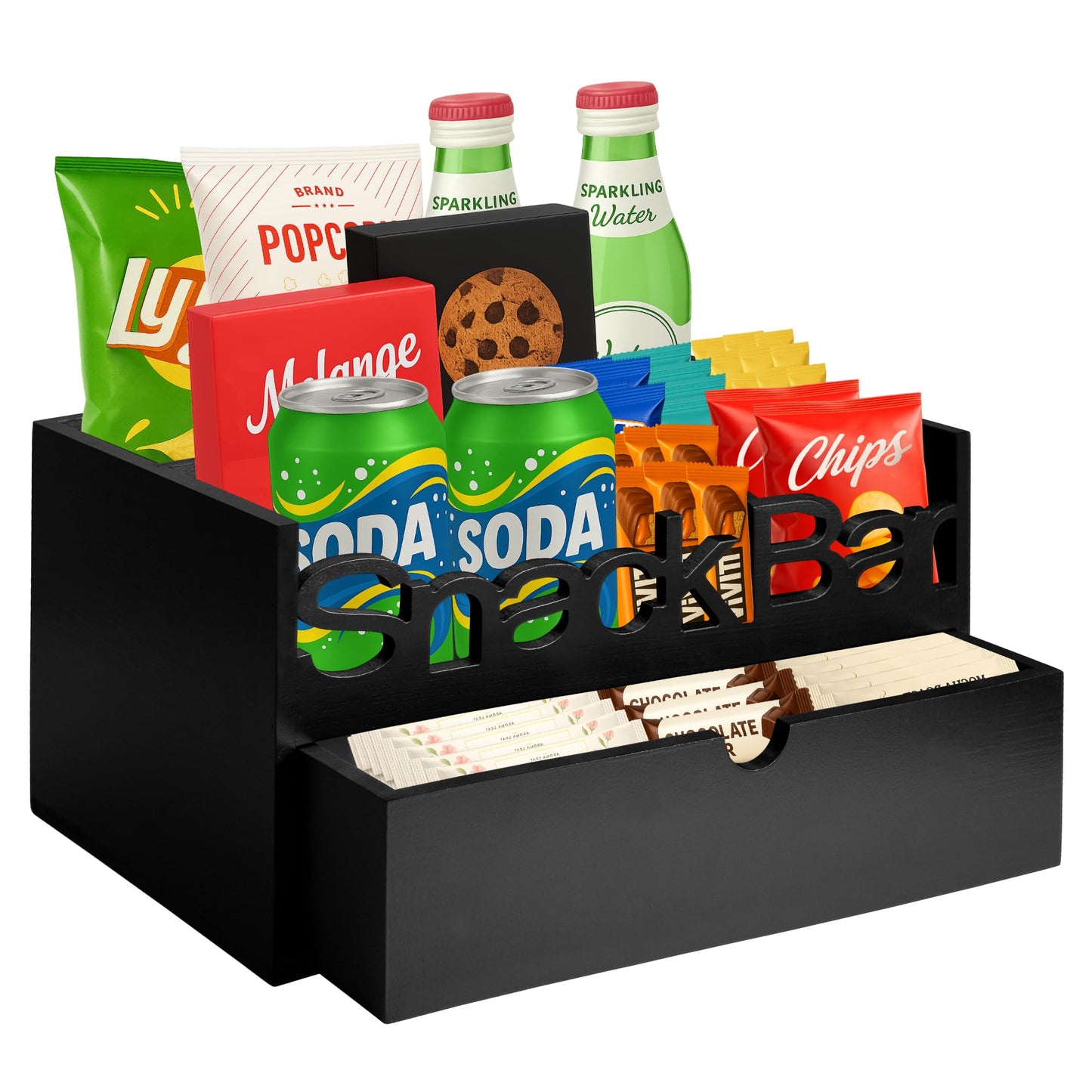 ADDFIT HOUSE Snack Bar Organizer – Black 3 Compartment Station with Drawer, Countertop Pantry Organizer for Kitchen, Office Food Holder, Candy Storage Bin, Display Stand, Cabinet Tray & Shelf