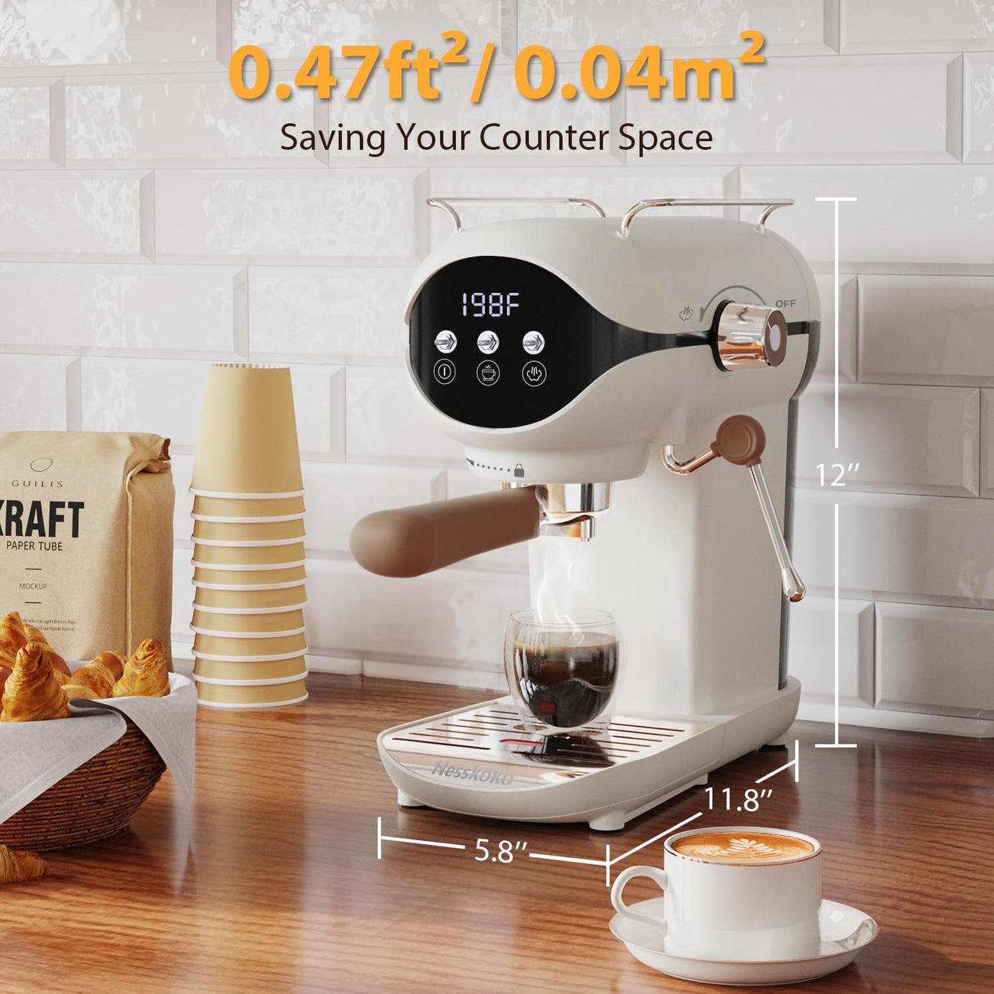 Nesskoko Espresso Machine with Steam Milk Frother Semi Automatic 20 Bar Compact White with Toggle Switch for home Cafetera Espresso, Latte, Cappuccino, Americano, Macchiato