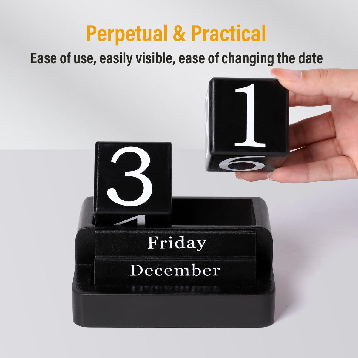 EASEYA Wooden Block Calendar for Desk, Daily Desktop Perpetual Desk Calendar, Modern Farmhouse Aesthetic Desk Accessories for Home Office Decor, Teacher, Classroom, Reusable Yearly, Black