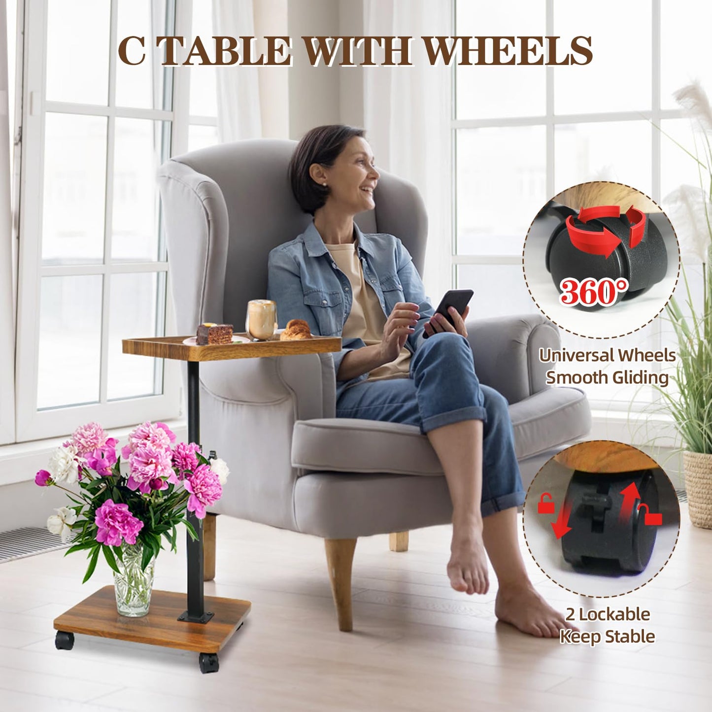 Xiyilike C Table Side Table End Table Adjustable Height，C Shaped End for Couch，Snack Tables,360°Swivel TV Tray Sofa Table， for Small Spaces，Side Tables Living Room and Bedroom for Sofa, Bed,Chair