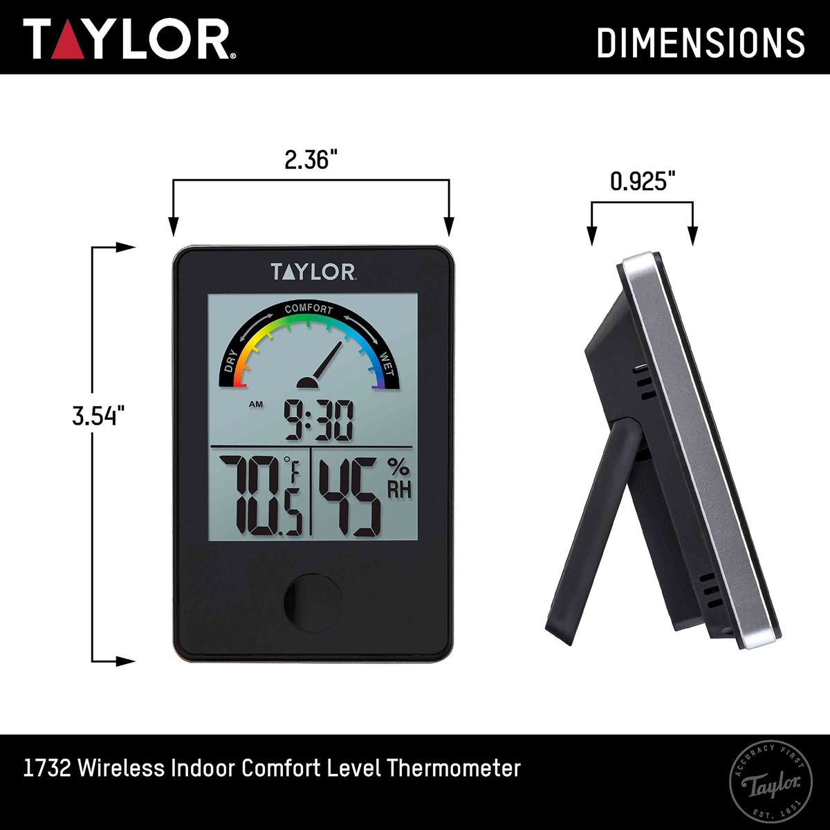 Taylor Digital Wireless Indoor Comfort Level Thermometer and Hygrometer, Easy-to-Read Display for Home, Office, Greenhouse, Nursery, and Indoor Areas, Black