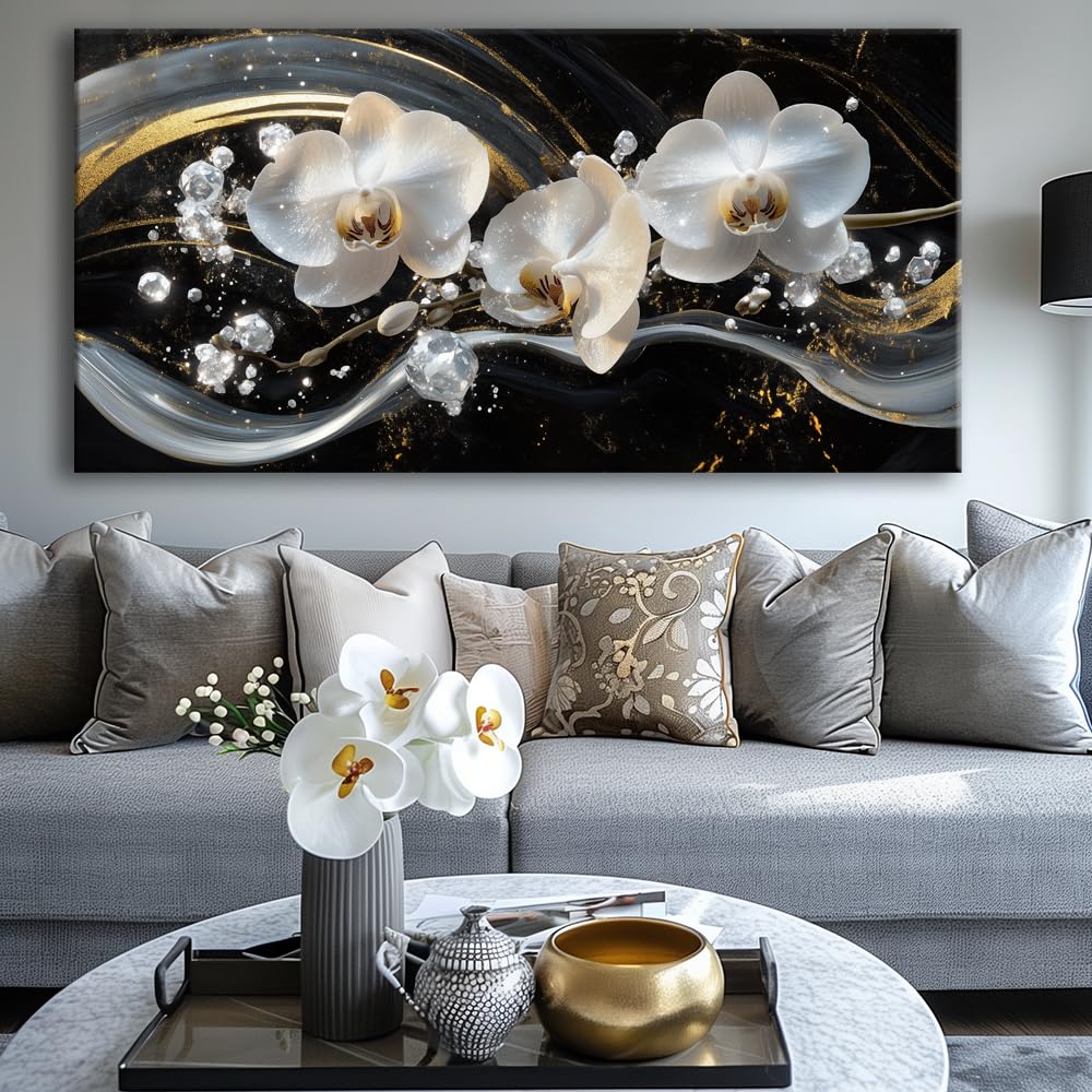 White Orchid Canvas Wall Art - Modern Floral Picture for Living Room, Bedroom Wall Decor, Framed Wall Art for Home Decoration, Elegant Flower Paintings Ready to Hang, Large Wall Art 50x100cm(20x40in)