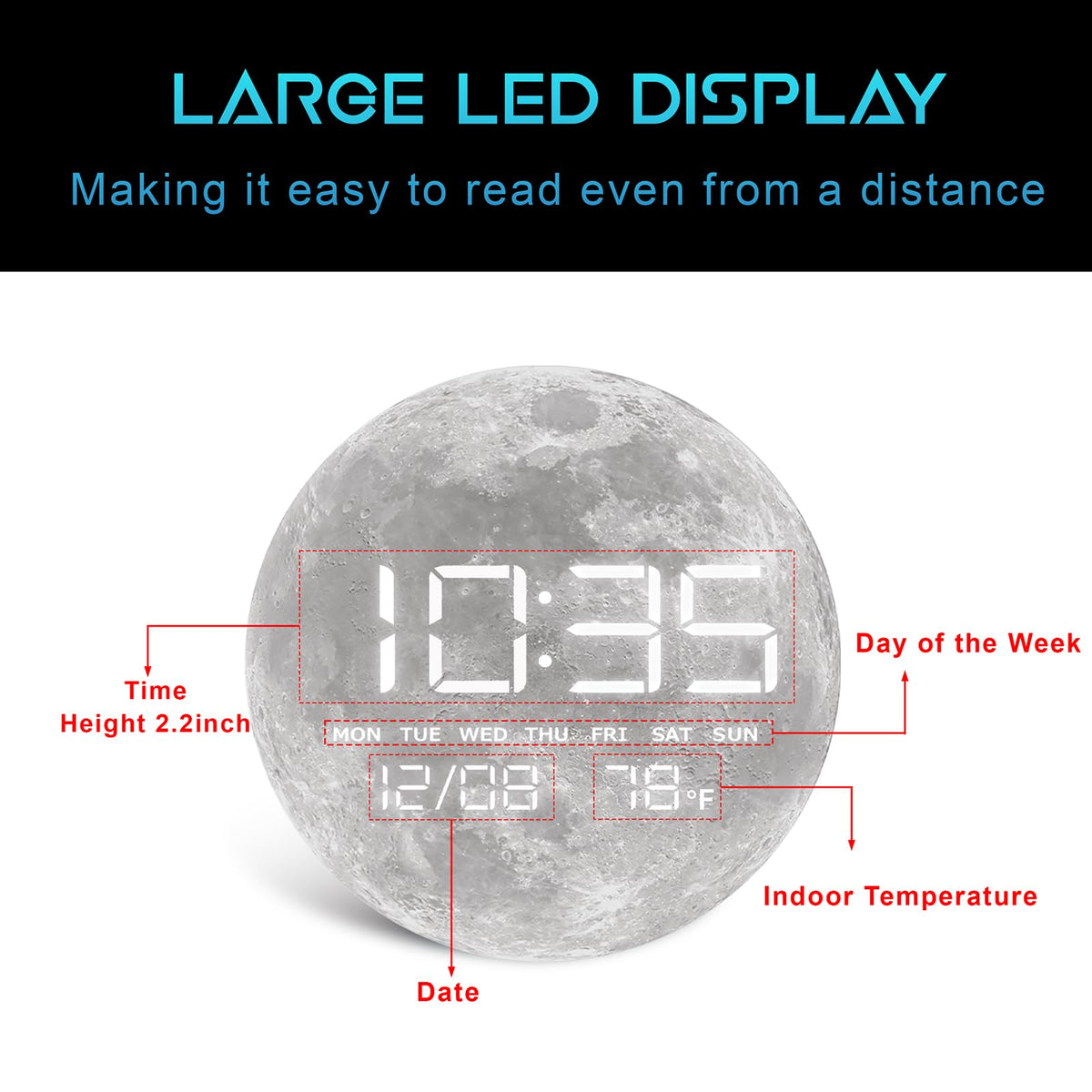 HOMLOVE Digital Desk & Shelf Clock, LED Moon/Earth Design, Temperature Display, 7.87 x 7.87 inches (Moon, 7.87 INCH)