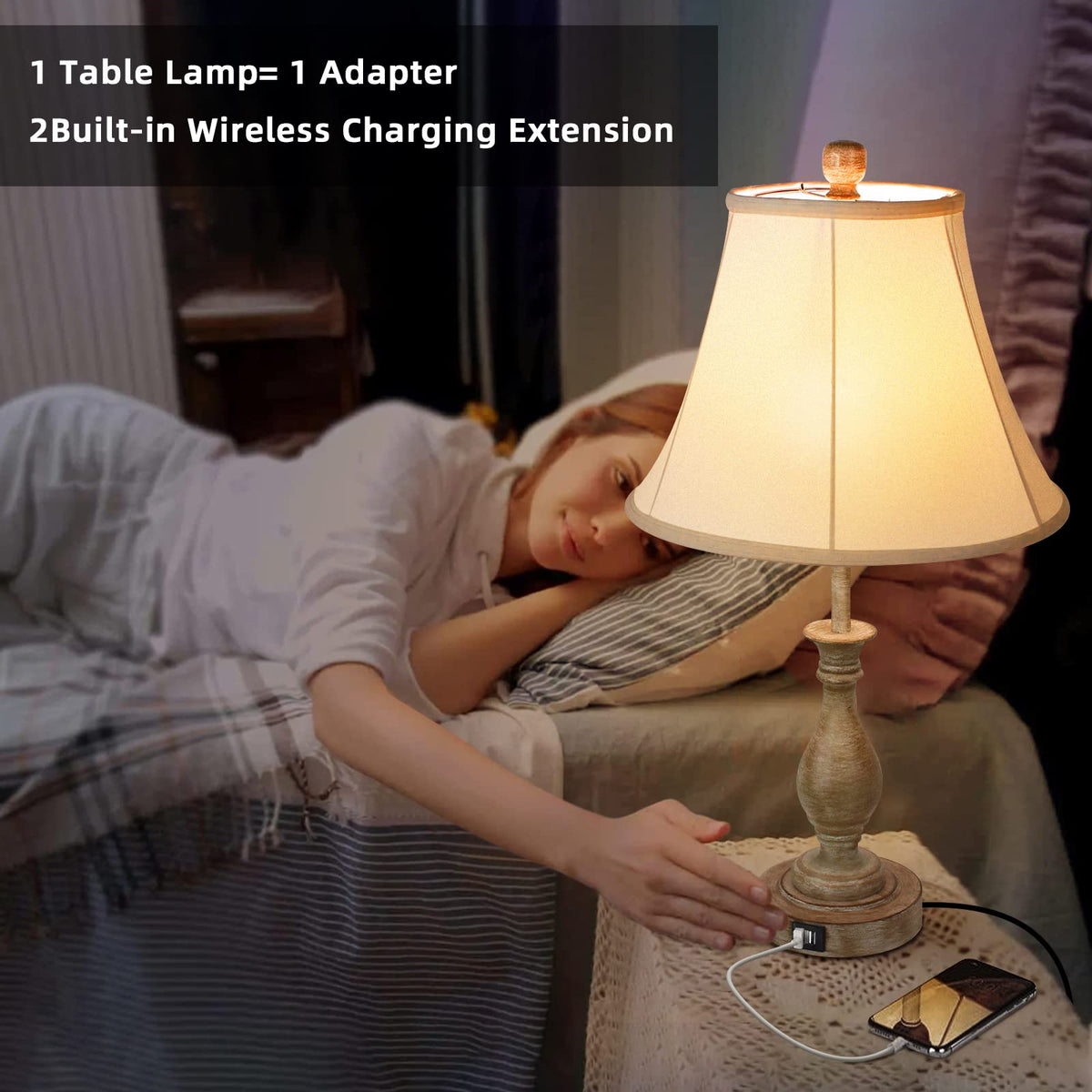 LALISU Farmhouse Table Lamp Touch Control 3-Way Dimmable Table Lamp, Modern Nightstand Lamp with 2 USB Port Bedside Desk Lamp with Fabric Shade for Living Room Bedroom Hotel (Pack 1-Beige Shade)