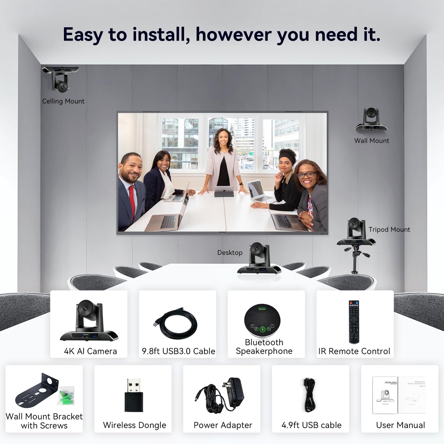 TONGVEO 4K Conference Room Camera System with Gesture Control, AI Auto-Tracking PTZ Camera 5X Digital Zoom with Speakerphone Set 120° Wide-Angle USB3.0 for Remote Meetings Zoom Teams OBS and More