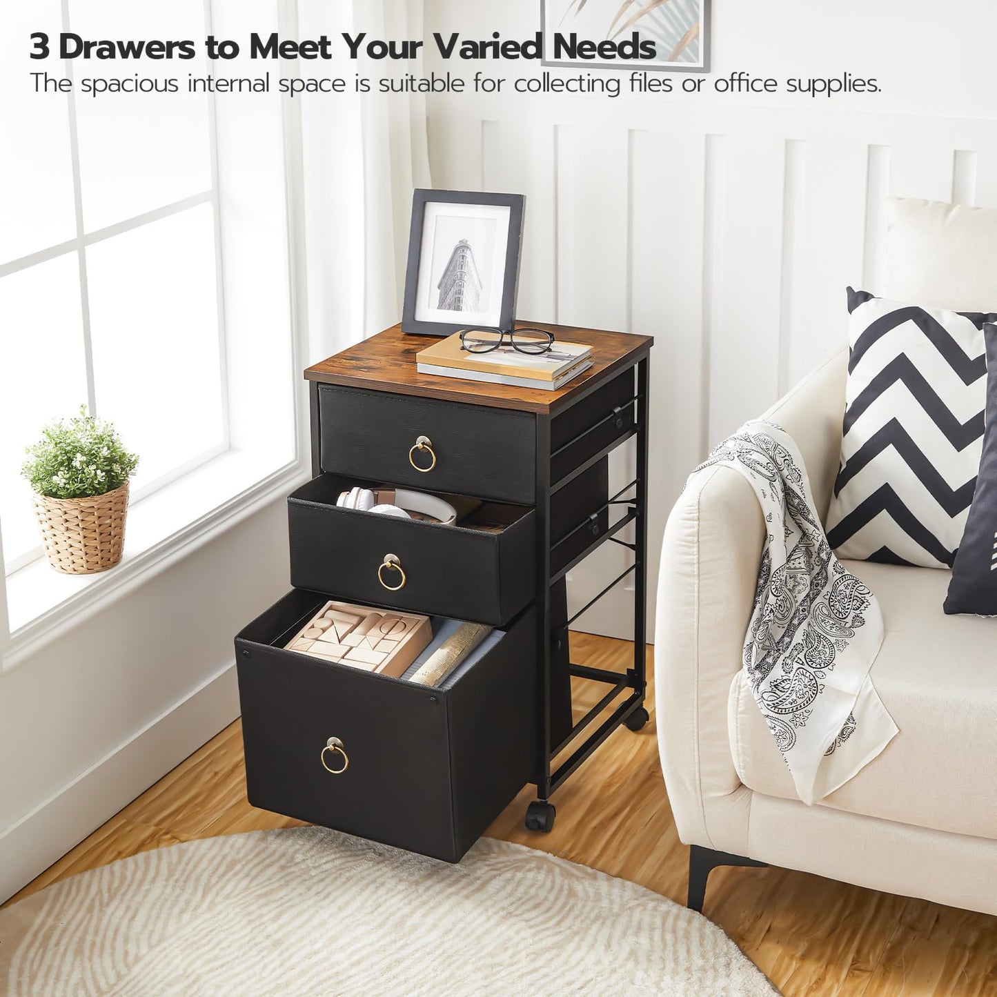 HOOBRO 3-Drawer Mobile File Cabinet, Vertical Filing Cabinet, Under Desk Storage Drawers for Home Office, Rolling Printer Stand, A4/Letter-Sized, Nonwovens Drawer, Rustic Brown and Black BFK30WJ01