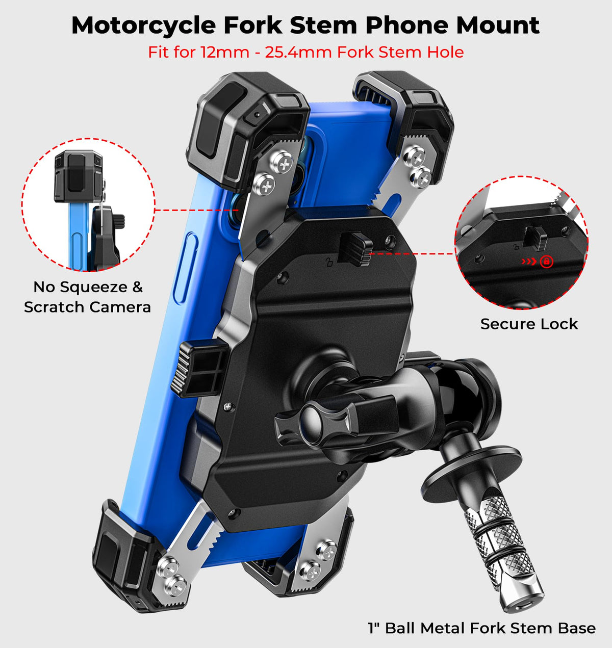 VAZESWIN Motorcycle Fork Stem Phone Mount, 1s Auto Lock & Release, Anti-Theft Motorcycle Phone Holder with Aluminum Alloy 1" Ball Short Arm, for 12-25.4mm Diameter Fork Stems, for 5.4"-7" Cellphones