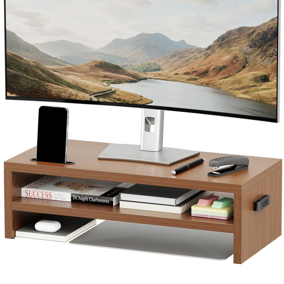 BONTEC Wood Monitor Stand Riser, 2-Tier Desktop Organizer with Storage, Ergonomic Computer Stand for Desk, Cable Management, Cellphone Holder, 21.3 Inch Shelf, Walnut