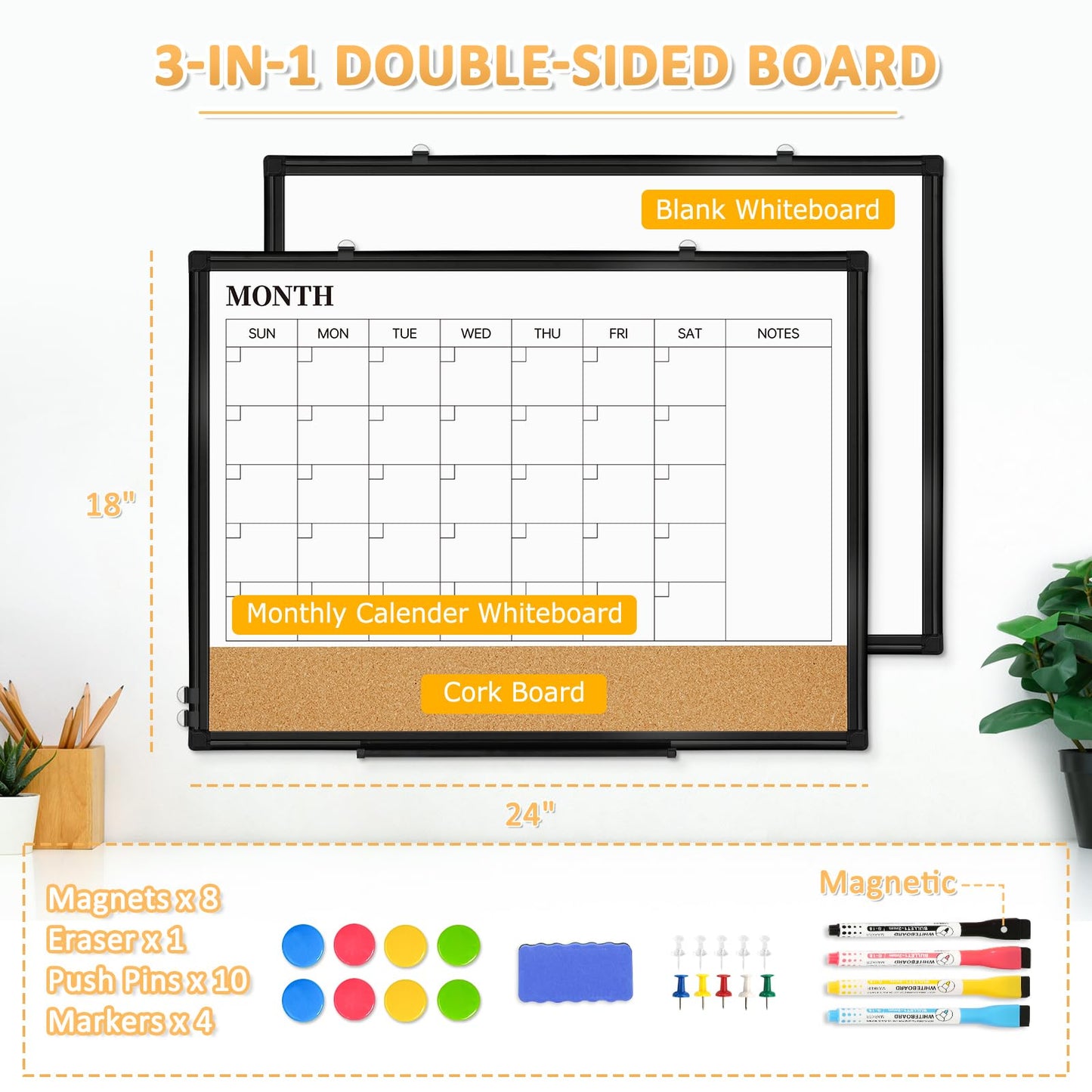 QUEENLINK Dry Erase Calendar Board for Wall, 24"x18" Magnetic Whiteboard Calendar Double-Sided Monthly White Board with Cork Board, Black Aluminum Frame Memo Message Board for Office, Home, School