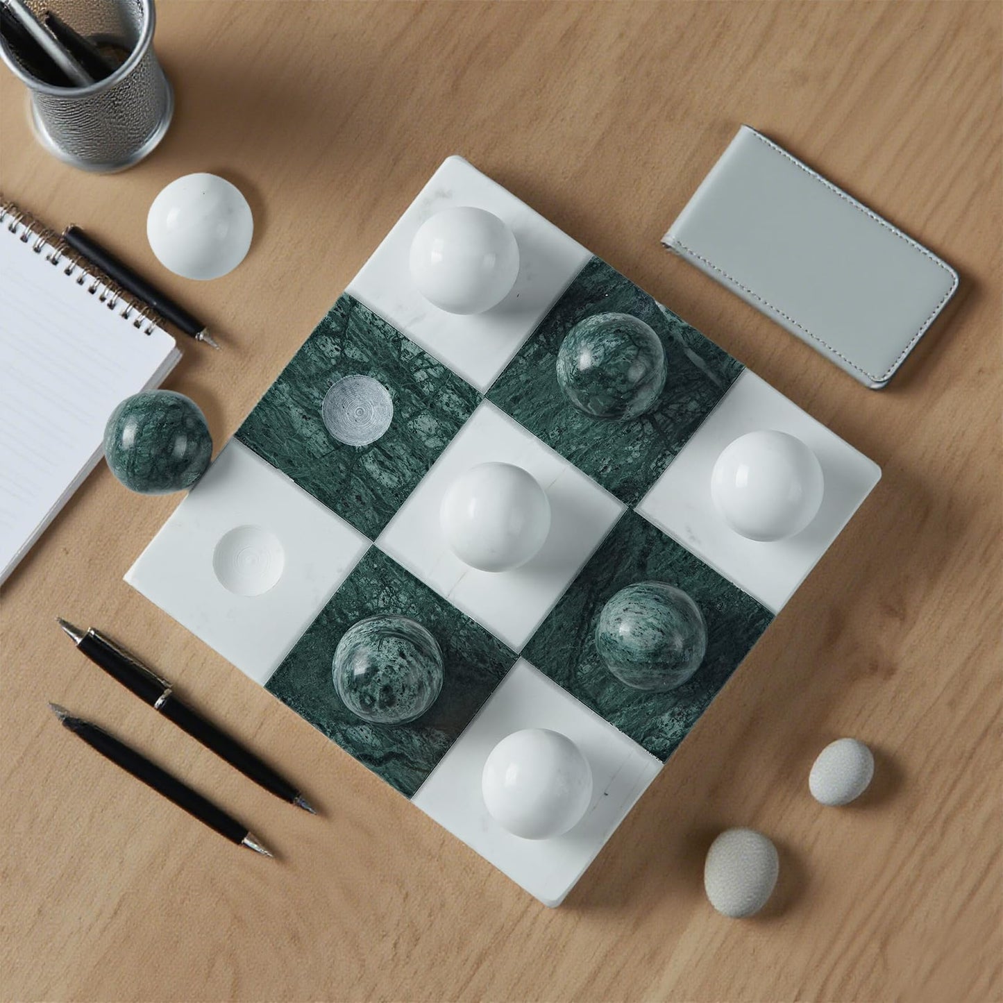 Green Marble Tic Tac Toe Board, Fresh Elegant Checkerboard, 7x7 Inch Premium Handcrafted Marble Tic Tac Toe Board, Modern Room Decor for Living Room, Office, Coffee Table