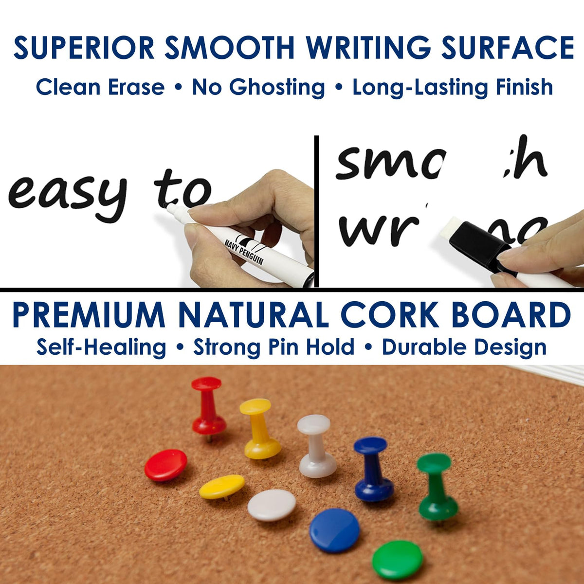 Combination Whiteboard Bulletin Board Set - 24 x 18 in Dry Erase/Cork Board with 1 Magnetic Dry Eraser, 4 Markers, 4 Magnets and 10 Thumb Tacks - Combo Tack Board White Board for Home Office Desk