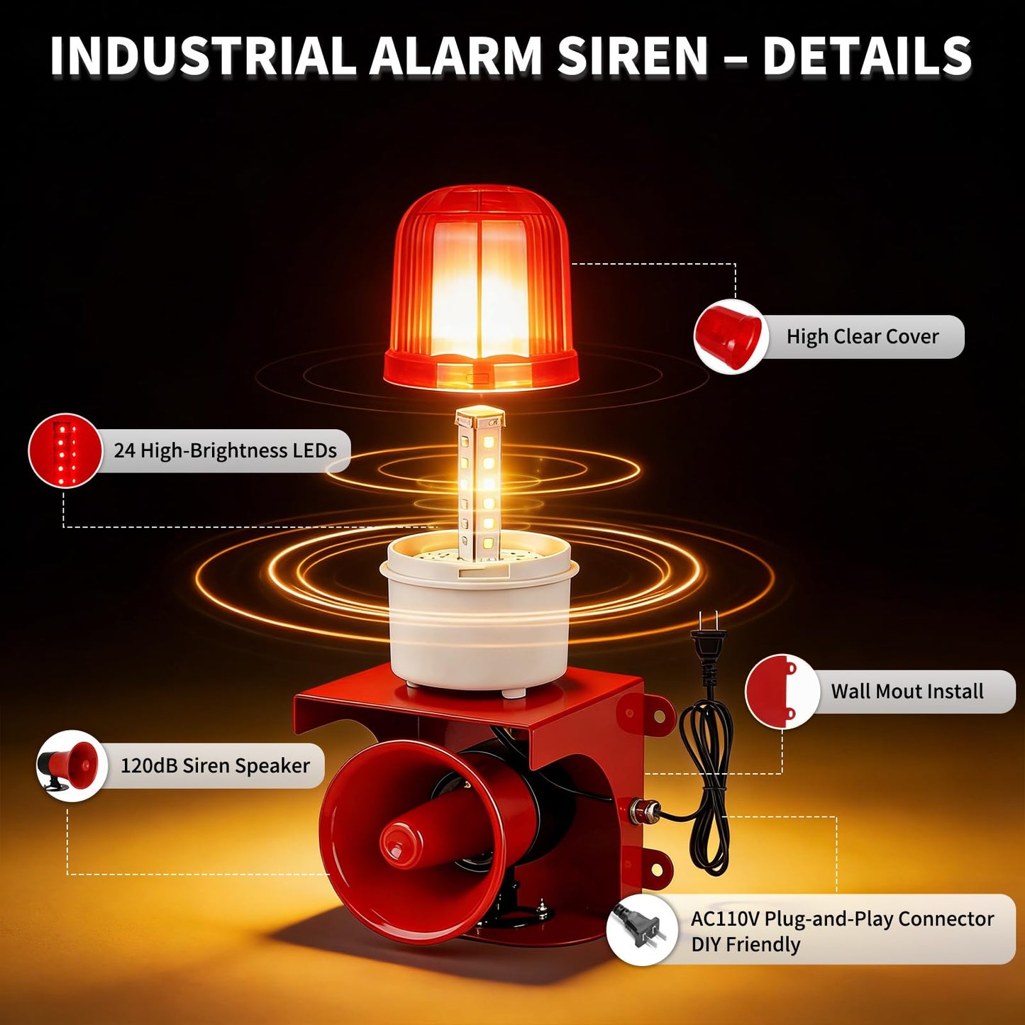 kbaoele AC110V Industrial Siren Alarm Strobe Light-120dB Loud Horn&Red Beacon Warning Light,Waterproof Indoor/Outdoor Safety Alarm for Emergency,Factory,Office,Fires,Tornado,Intruders,Animal Deterrent
