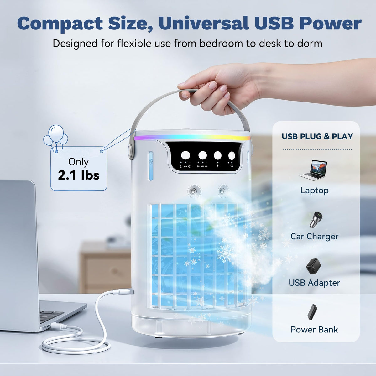 Portable Air Conditioners Desktop AC Unit with Water Ice Cooling Mist, Personal Evaporative Air Cooler Fan Mini Swamp Cooler for Bedroom, Nightstand, Office, Dorm, RV (White)