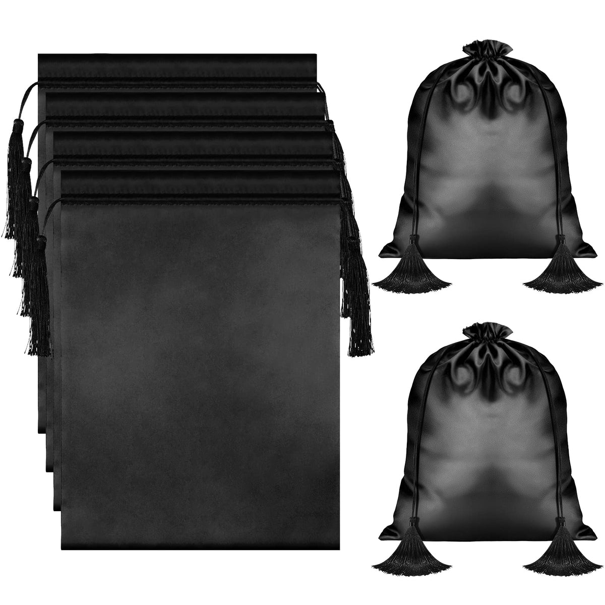 Shappy 4 Pieces Silk Satin Wig Bag Black Hair Bags with Drawstring Tassel Stuff Satin Black Gift Travel Storage for Packaging Bundles Extension Home Salon Travel