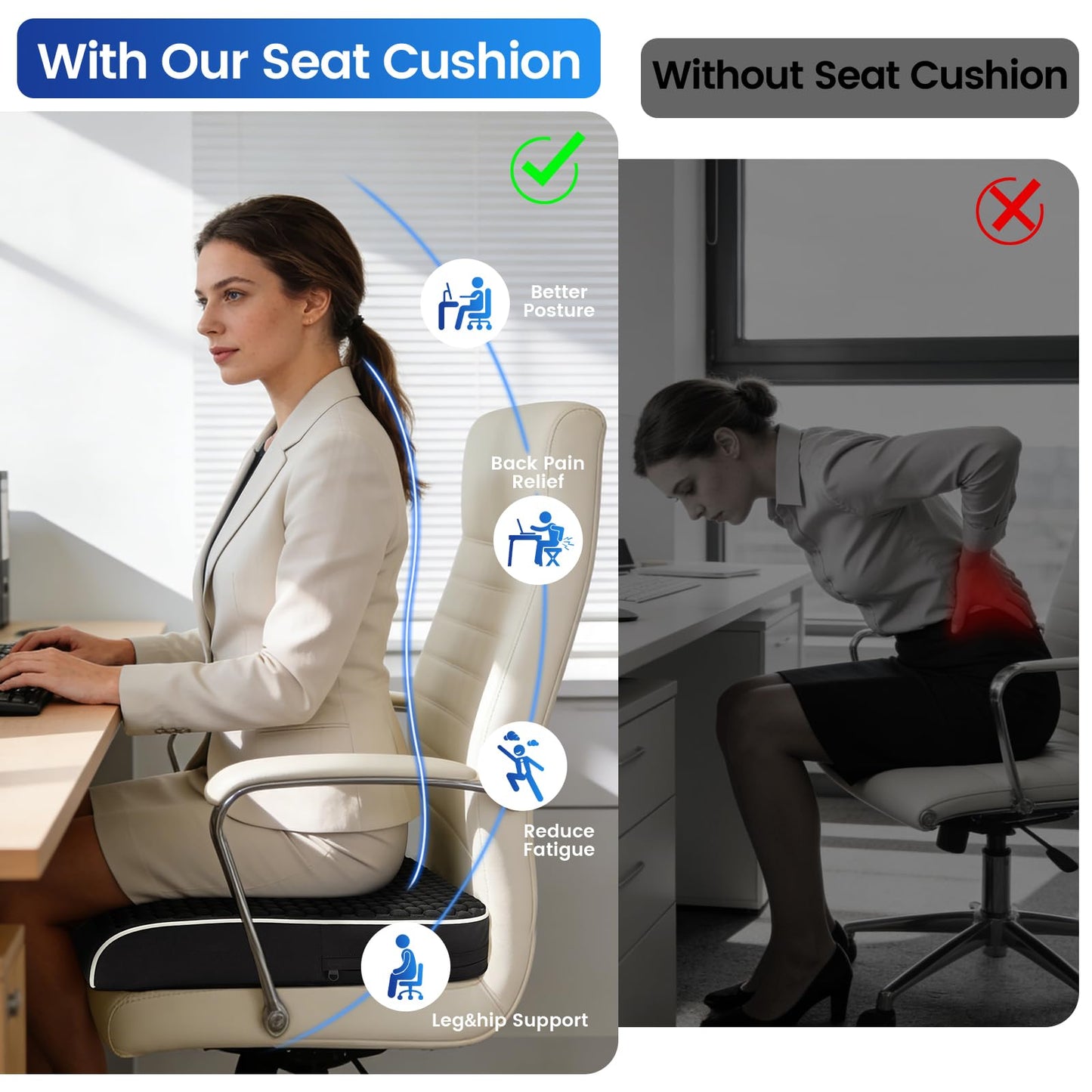 Extra Large Office Chair Cushion (19"x17"x3"), Seat Cushion with Honeycomb Message Dots & High-Resilient Foam for Back & Tailbone Pain Relief, Butt Pillow for Long Sitting, Car Seat, Wheelchair, Floor