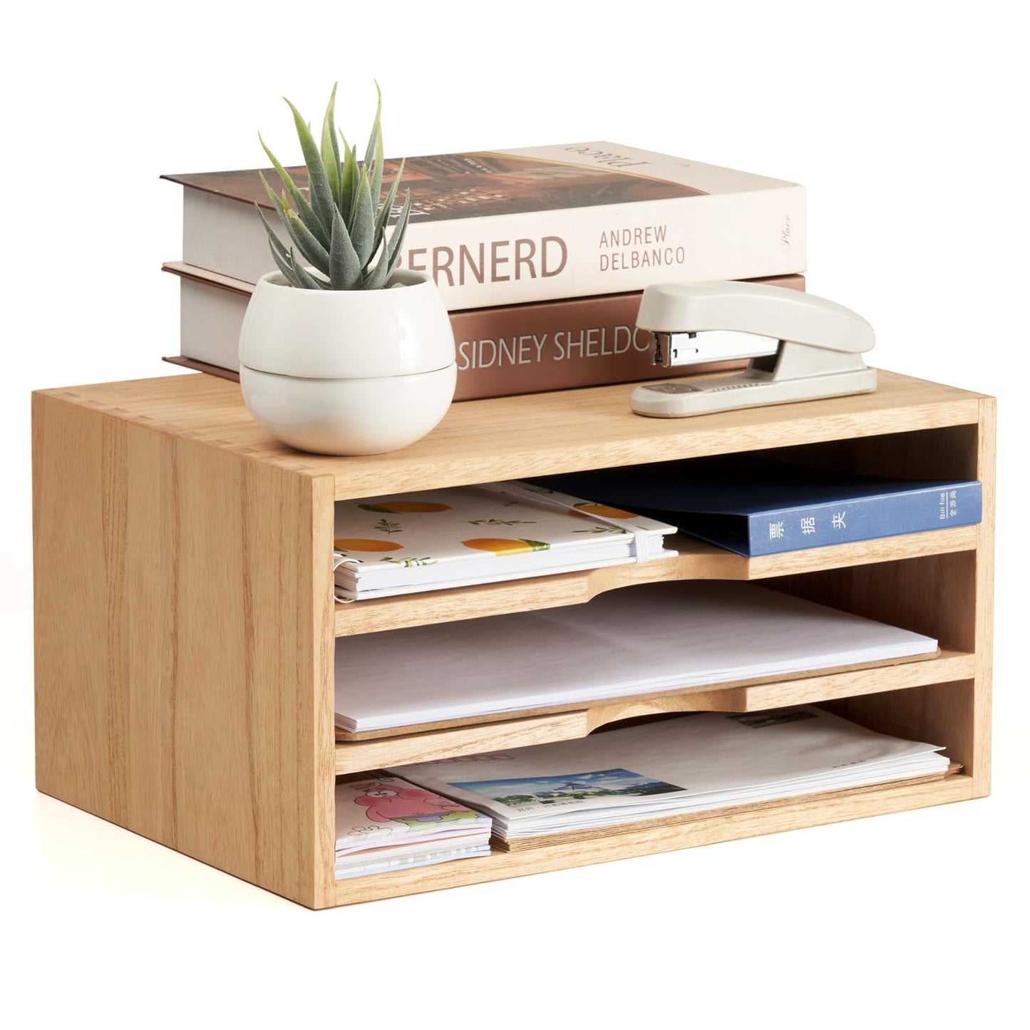 KIRIGEN Wooden Desktop Organizer Paper Storage Letter Tray File Sorter - Desk Rack Magazine File Dividers Holders for Home Office Accessories Wood Desk Cabinet with 3 Layer Trays Natural(3KWJG-NA)