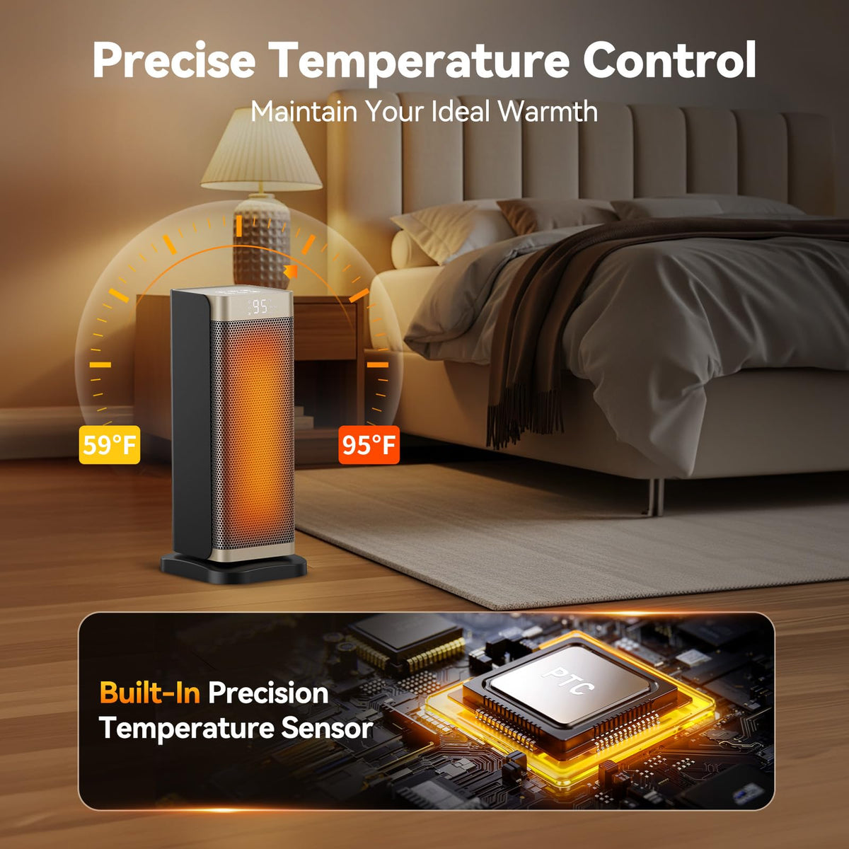 Space Heaters for Indoor Use, 1500W Electric Heater with Thermostat, 70° Oscillation, Remote Control, 3 Modes, 12H Timer, Portable Heater for Bedroom, Office, Home