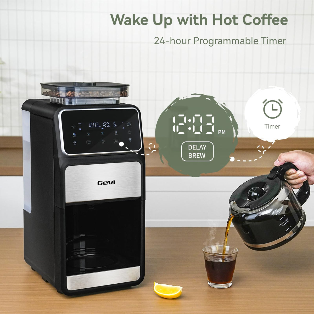 Gevi Grind & Brew Coffee Maker 10 Cup, Built-In Burr Grinder Drip Coffee Machine, Programmable Touch Screen, 4-Hour Warm Plate, Permanent Filter & Glass Carafe
