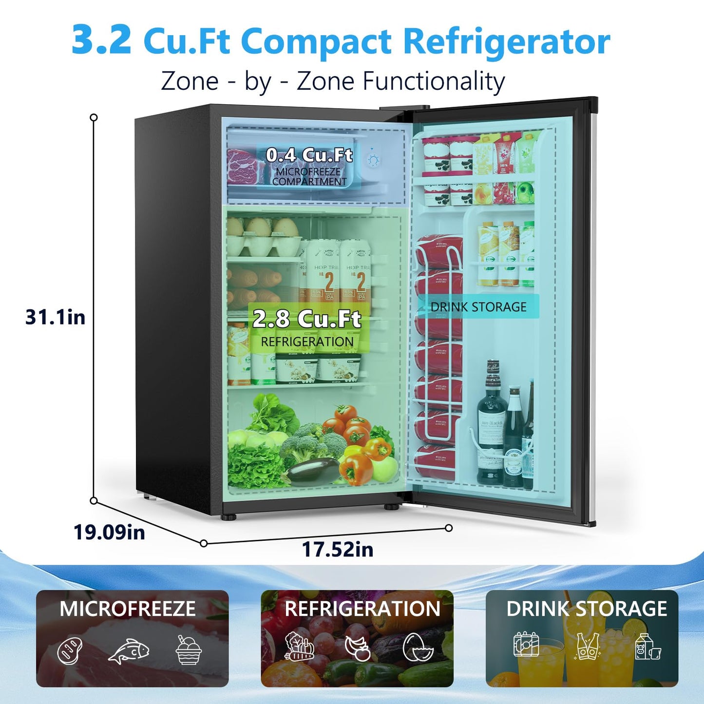 COWSAR 3.2 Cu.Ft Dorm Fridge with Freezer, Single Reversible Door Compact Refrigerator, Adjustable Thermostat, 2 Removable Shelves, Commercial Drink Fridge for Bedroom, Office, Kitchen, Dorm, Silver