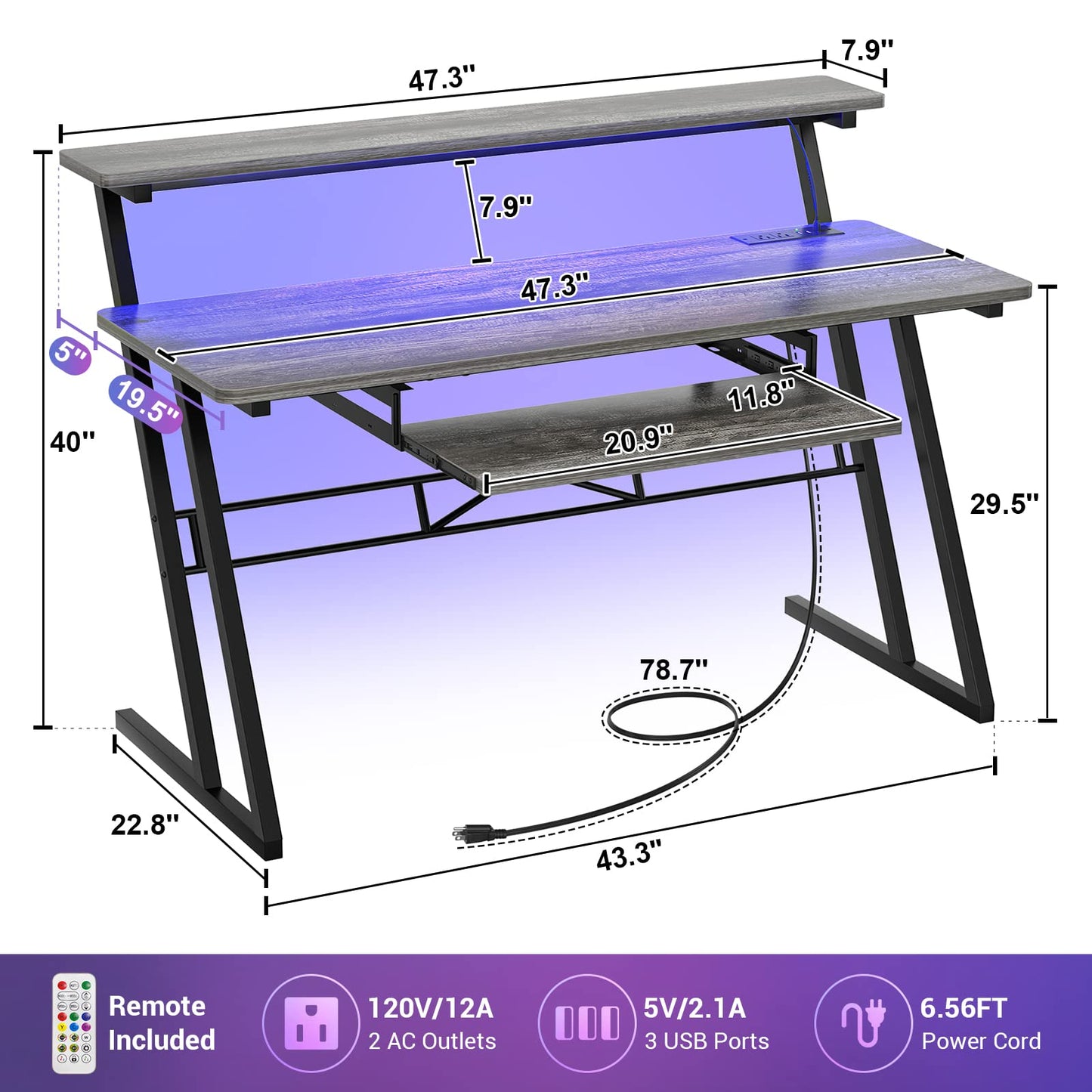 Armocity Music Studio Desk, Music Production Workstation with Power Outlets and RGB LED Lights, Recording Studio Table Desks Music Producer for Home, Grey Oak