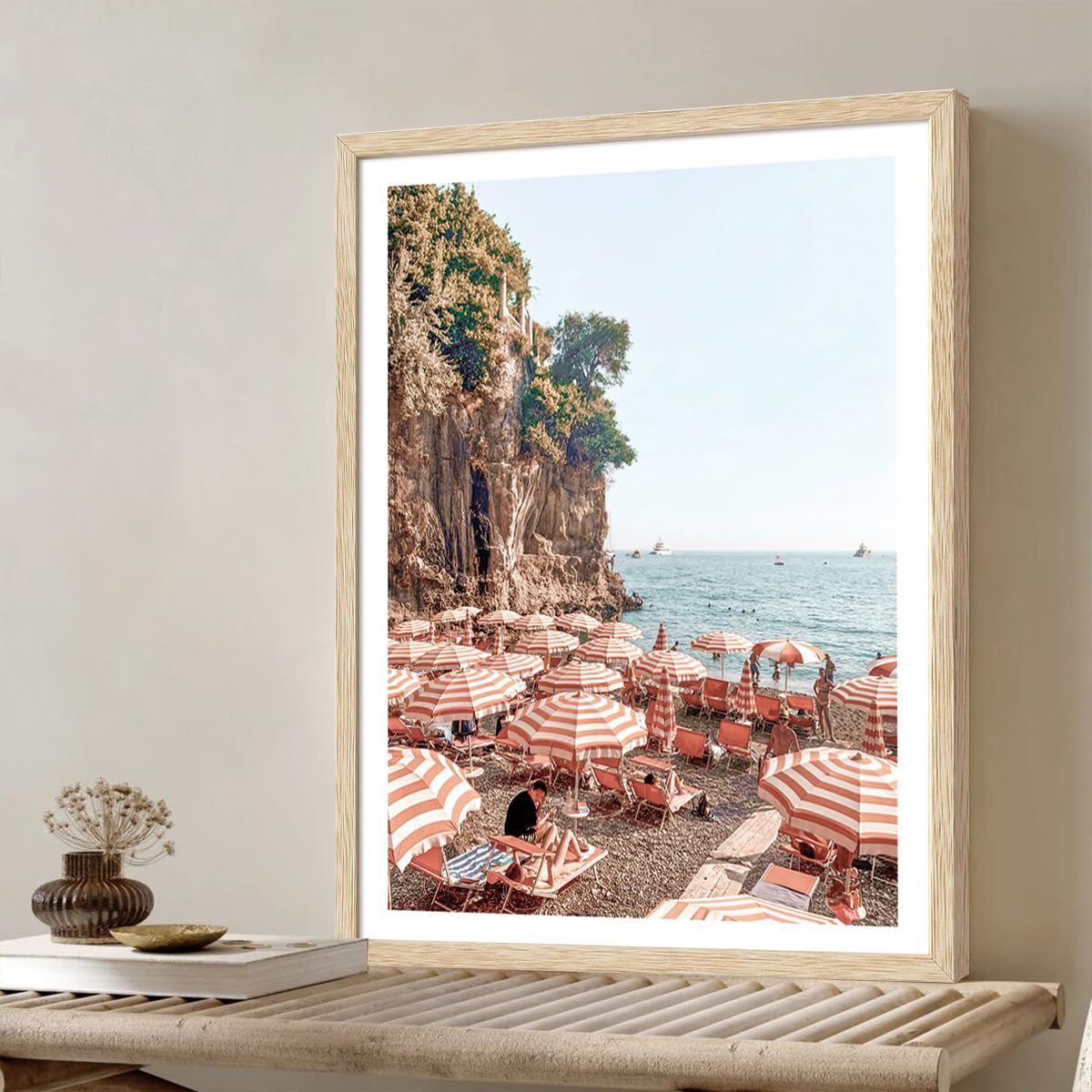 KISSFOX OAK Wood Framed Wall Art Coastal Wall Decor Beach Canvas Art Summer Pictures Landscape Paintings Travel Posters Aesthetic Artwork For Bedroom Office Living room