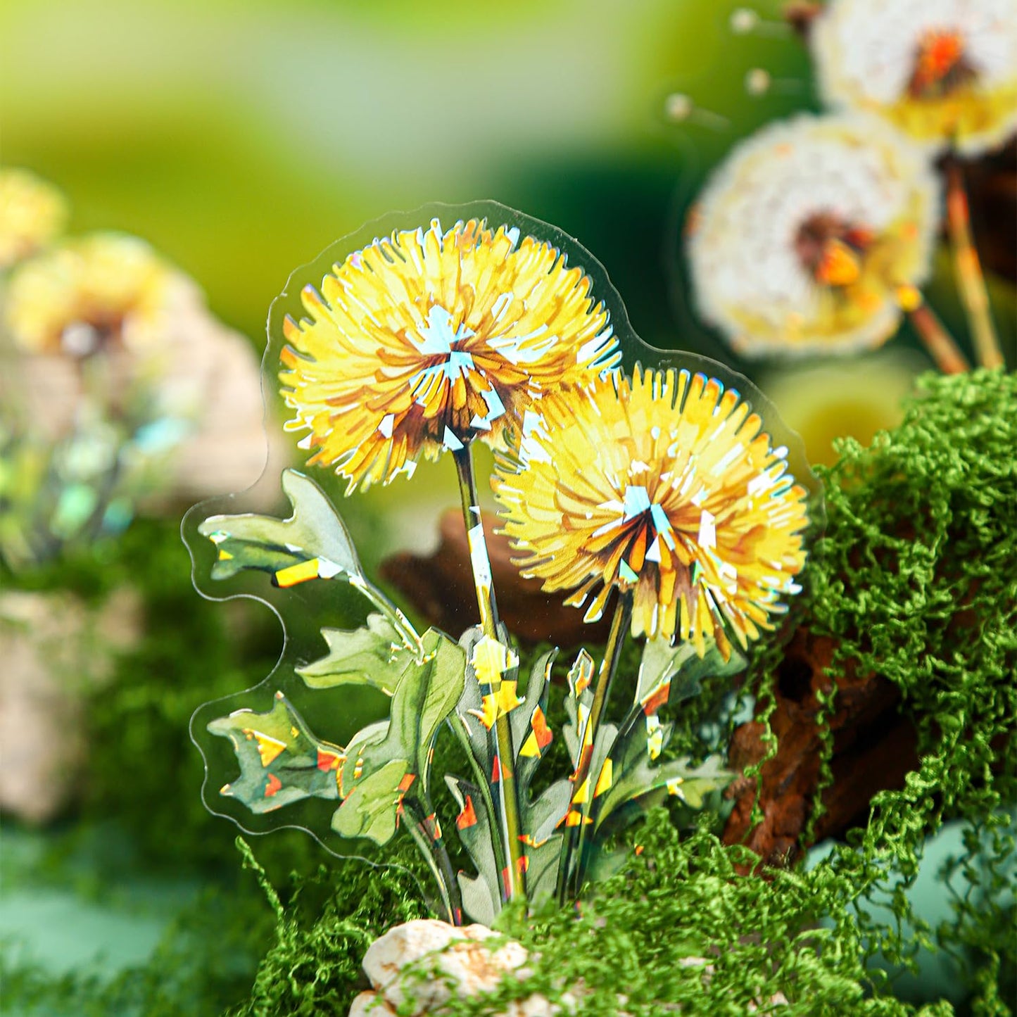 AuriicLeaf Dandelion Floral PET Stickers Set, 60PCS Holographic Botanical Flower Stickers for Scrapbooking, Journaling, DIY Crafts, and Art Supplies