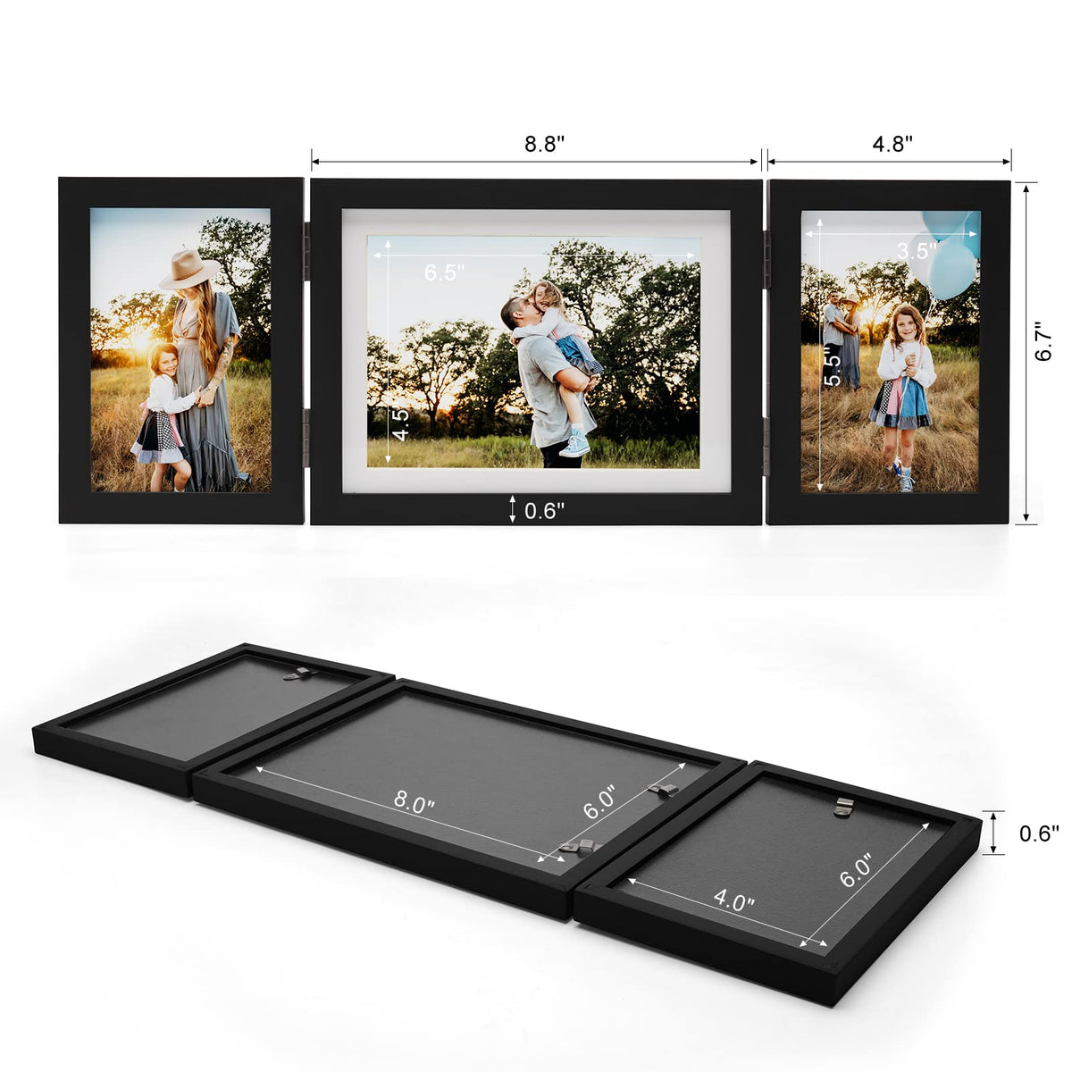 Janreefan 3 Vertical Horizontal 4X6 and 5X7 Picture Frames Hinged Folding Photo Frames in Black for Wall Hanging or Tabletop Standing, Made of Pine Wood with Real Glass P-467546-HEI