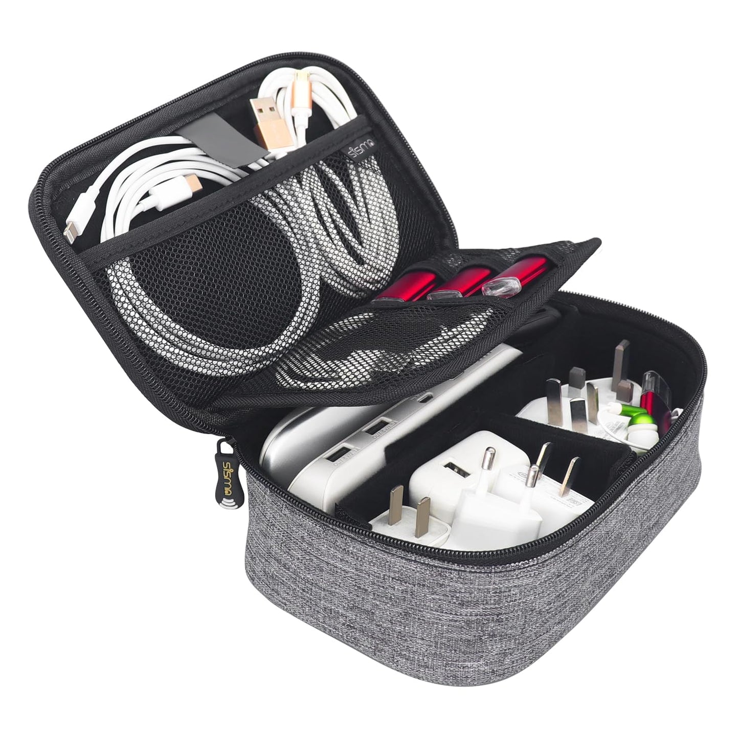 sisma Travel Electronics Organizer Small Carrying Case for Cables Phone Chargers USB Plugs Power Cords Earbuds Adapter Tech Accessories Pouch -Grey