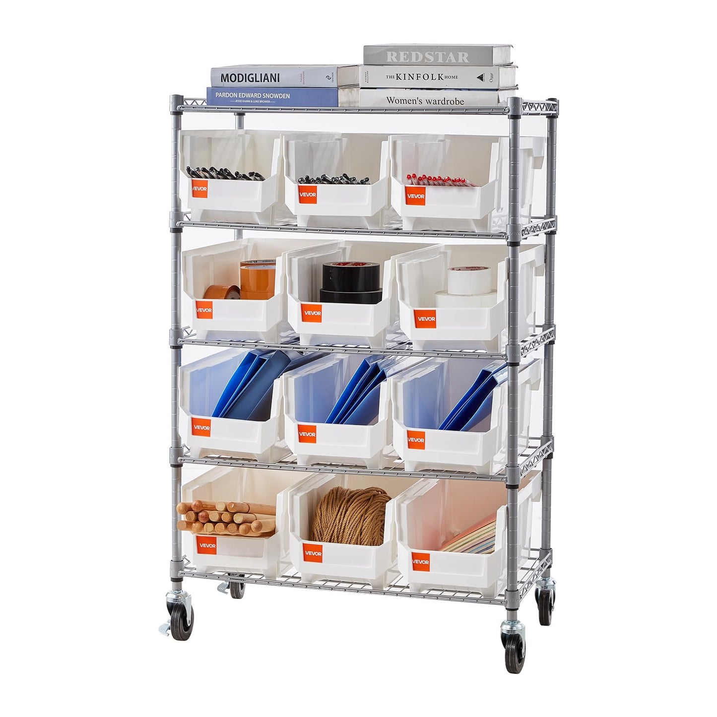 VEVOR 5-Tier Rolling Bin Storage Rack, 12 Organizer Bins, Bin Rack Storage Steel Wire Shelving System with Wheels, Mobile Tool Organizer for Garage, Warehouse, Office, Restaurant, Classroom, Kitchen