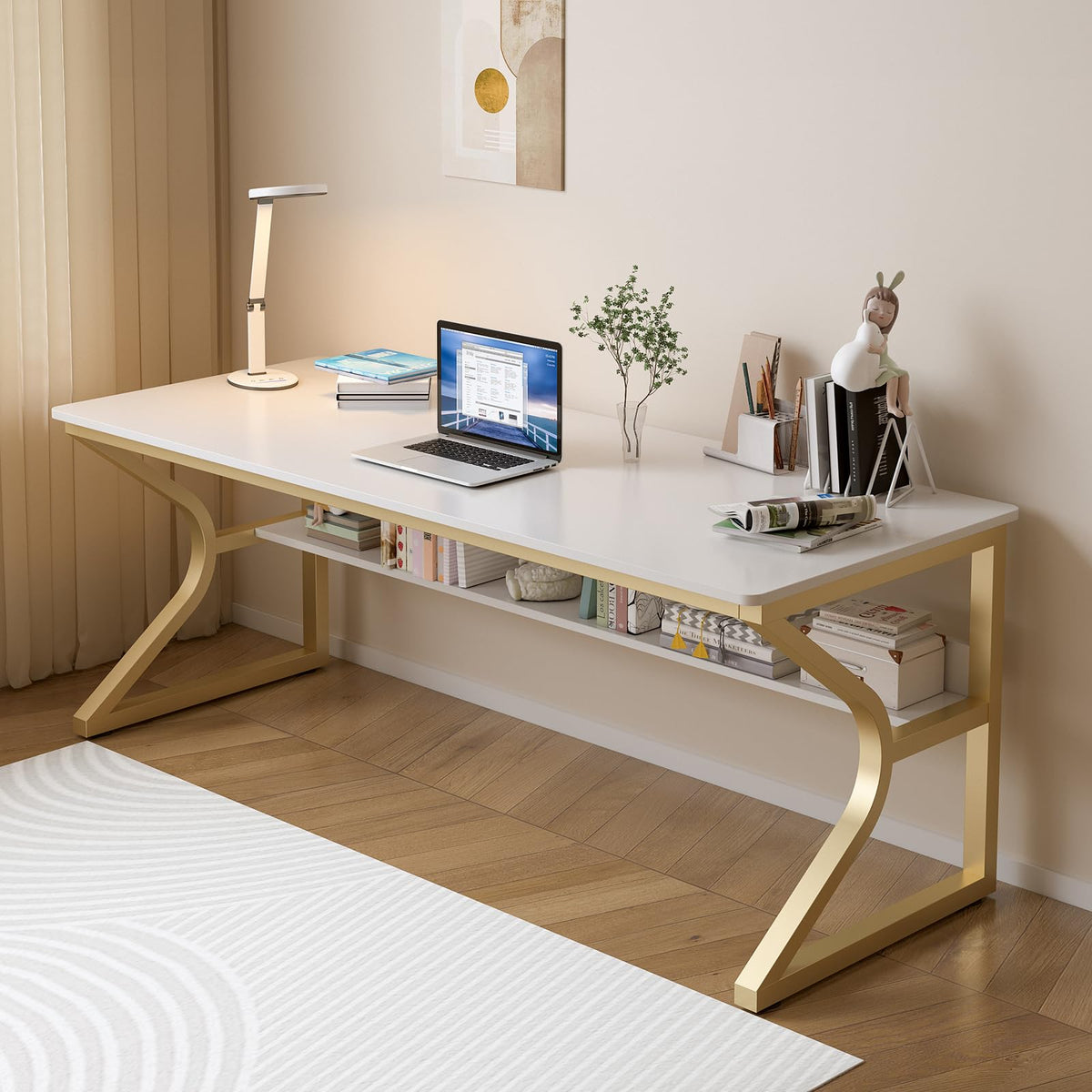 OSCHF Extra Long Desk with Bookshelf - 63" Double Long Writing Table for 2-Person Workstation, Modern Study Work Computer Desk for Home and Office, Gold