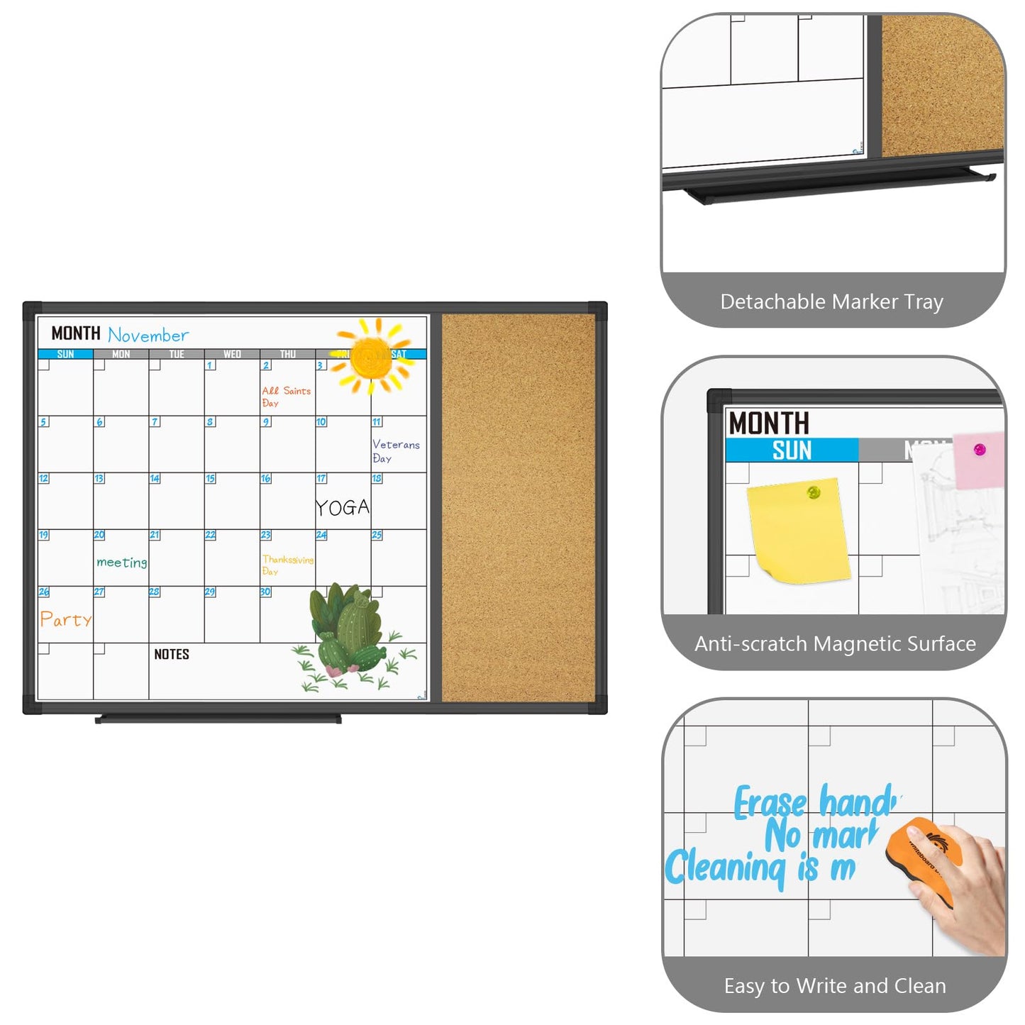 XBoard Dry Erase Calendar Whiteboard 28 X 20 - Combo White Board Calendar Monthly, Magnetic White Board + Corkboard with Black Aluminum Frame