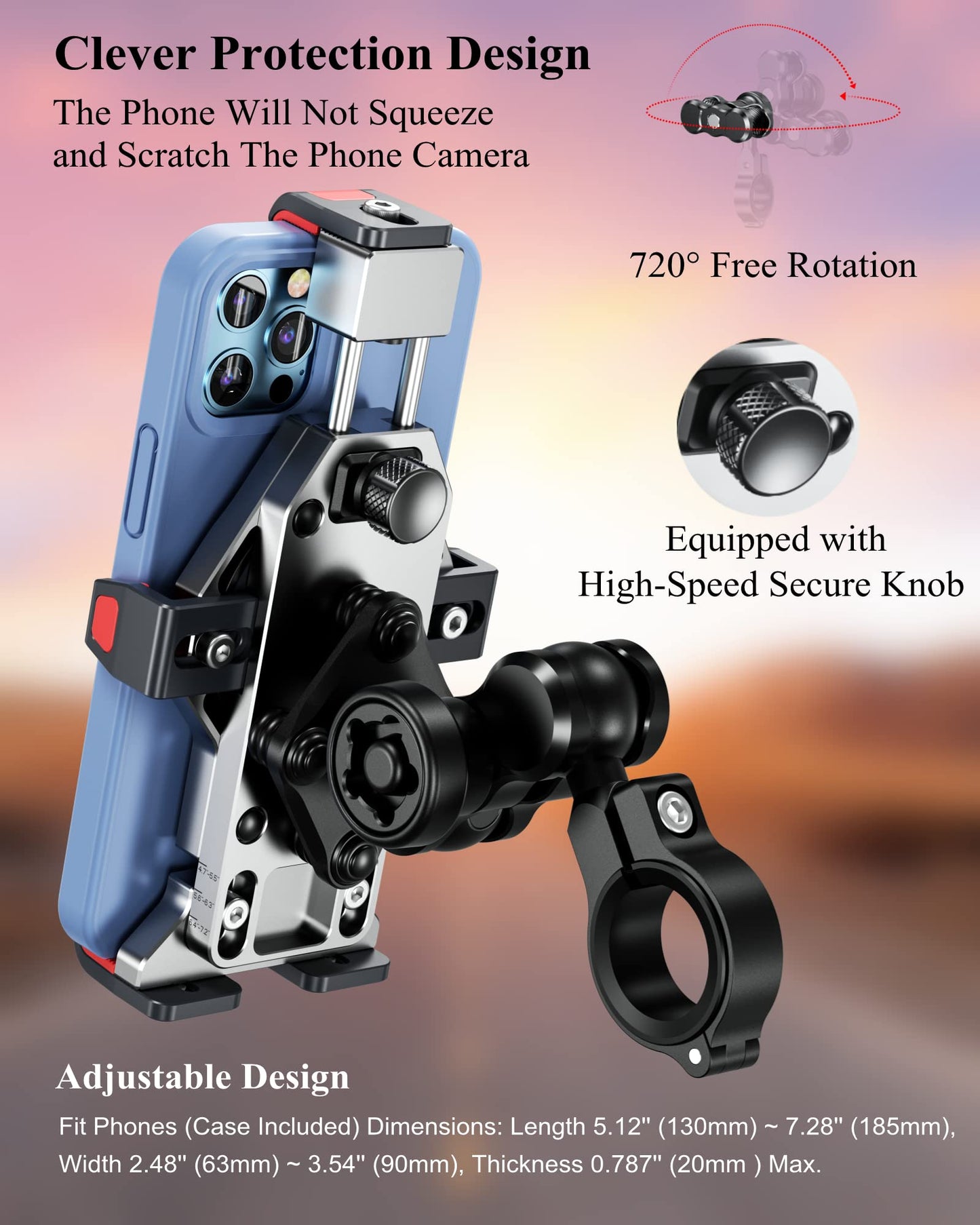 BRCOVAN Anti-Theft Aluminum Alloy Motorcycle Phone Mount with Vibration Dampener & Secure Lock, Adjustable Motorcycle Handlebar Cellphone Holder for Bike Bicycle Scooter ATV, Fit 4.7-7.2'' Smartphone