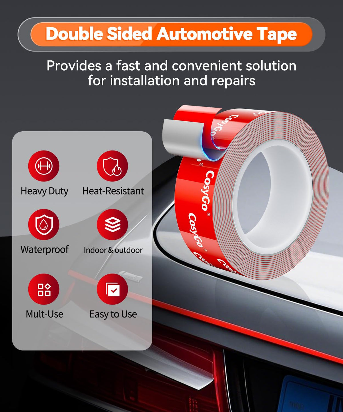 Cosygo Double Sided Tape Heavy Duty, 15FT Outdoor Heat Resistant Automotive Waterproof Mounting Tape, 1.2In Width Super Strong Adhesion Foam Tape