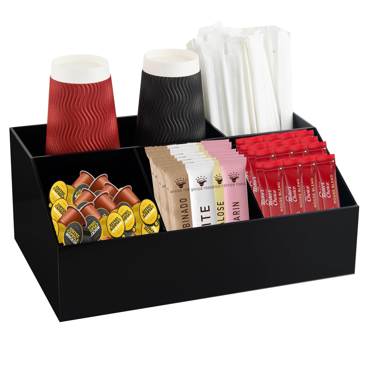 Watpot Coffee Bar Station Organizer for Countertop, Acrylic Coffee Pods Sugar Packets Tea Bags Storage Basket for Countertop, Black