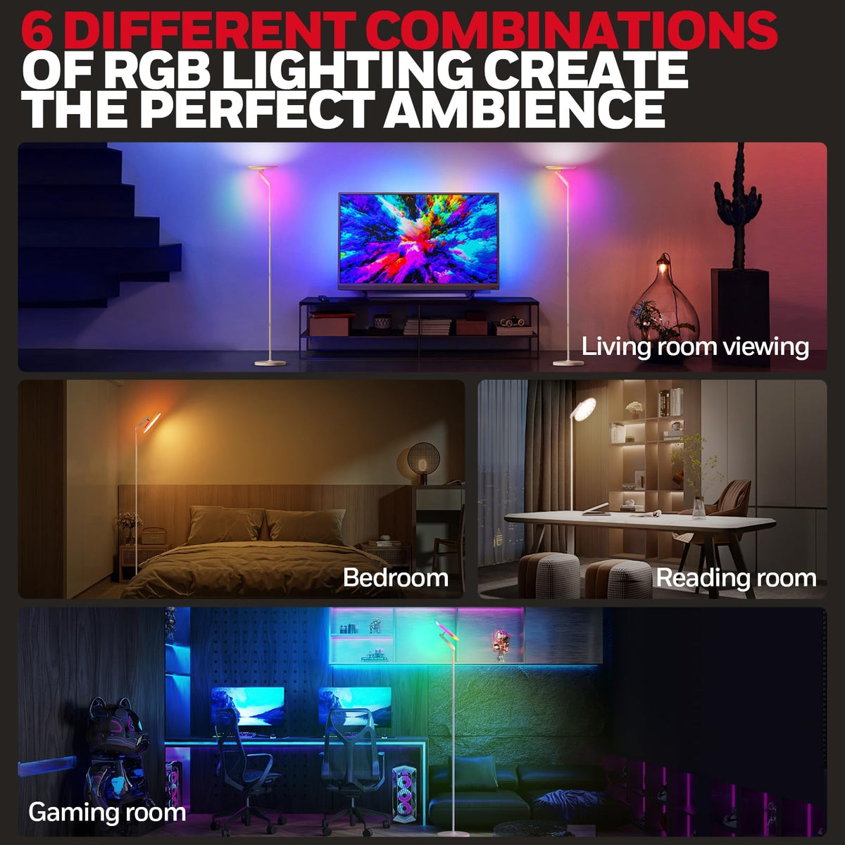 Honeywell 3000LM LED Floor Lamp, Torchiere Floor Lamps with Remote Control, F2 Sunturalux™ 40W Eye-Caring Reading Light, 2700-5000K 6 RGB Modes RGB Standing Lamp for Bedroom Living Room Office White